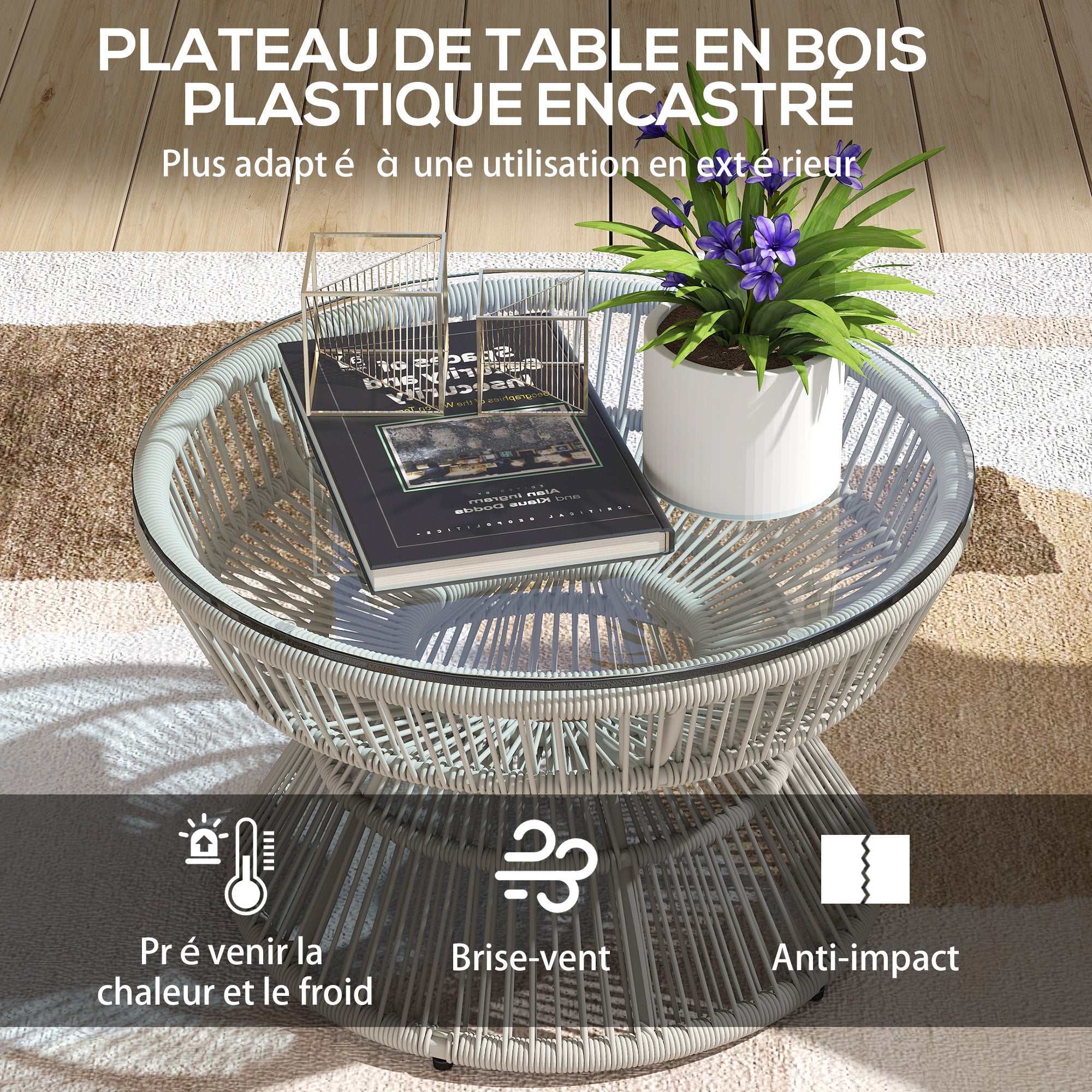 Round Garden Coffee Table, Rattan Wicker Effect Side Table with Tempered Glass Top Ø60 x 37H cm Light Grey