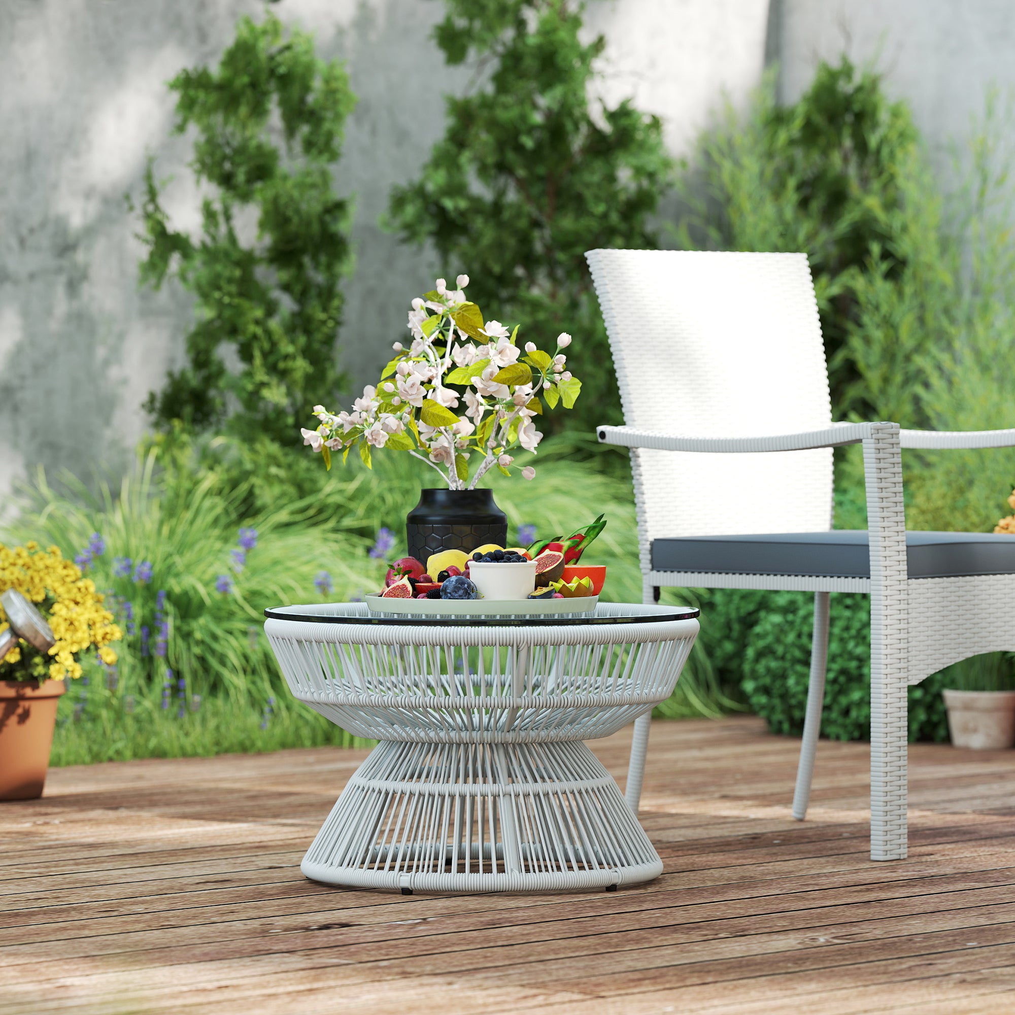 Round Garden Coffee Table, Rattan Wicker Effect Side Table with Tempered Glass Top Ø60 x 37H cm Light Grey