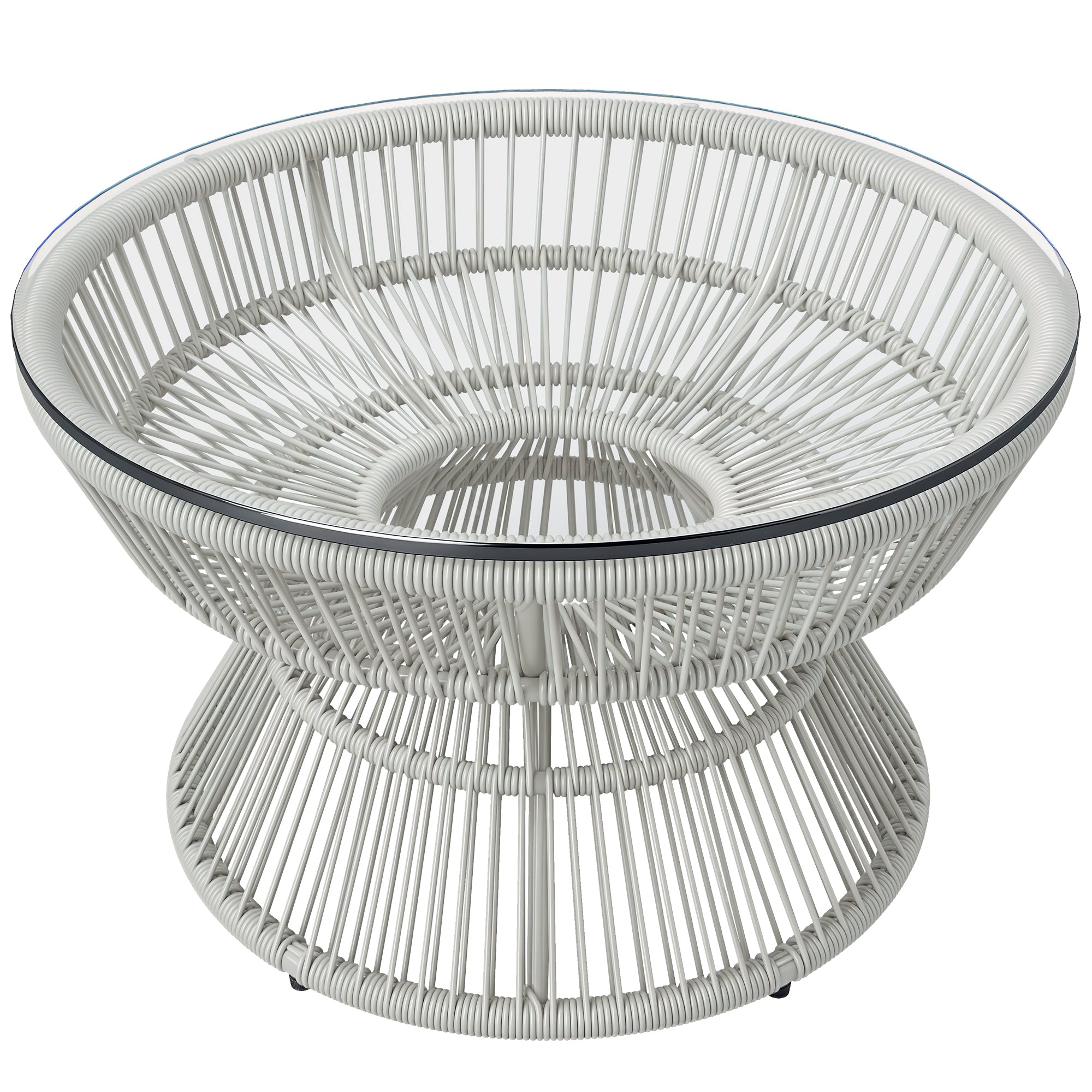 Round Garden Coffee Table, Rattan Wicker Effect Side Table with Tempered Glass Top Ø60 x 37H cm Light Grey