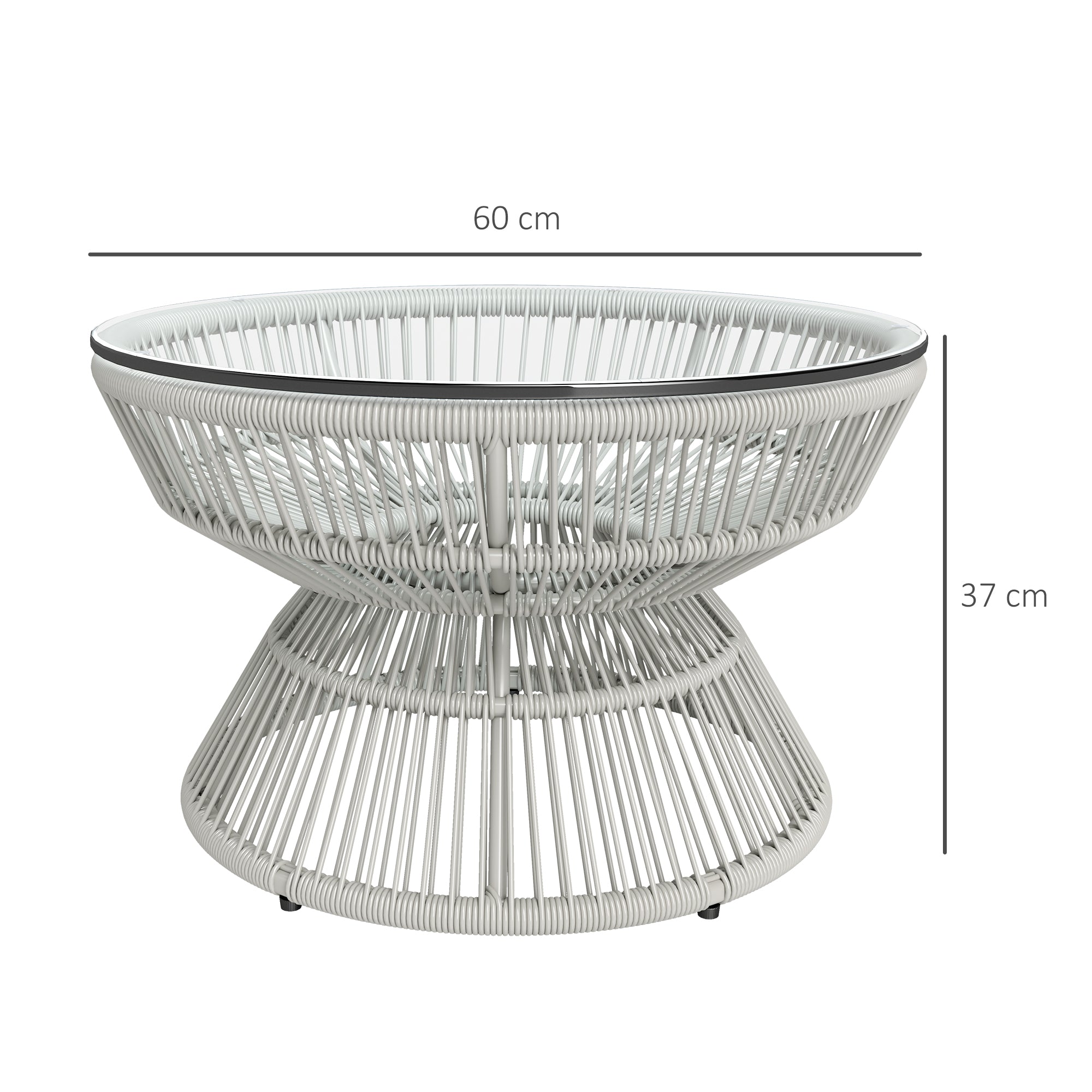 Round Garden Coffee Table, Rattan Wicker Effect Side Table with Tempered Glass Top Ø60 x 37H cm Light Grey