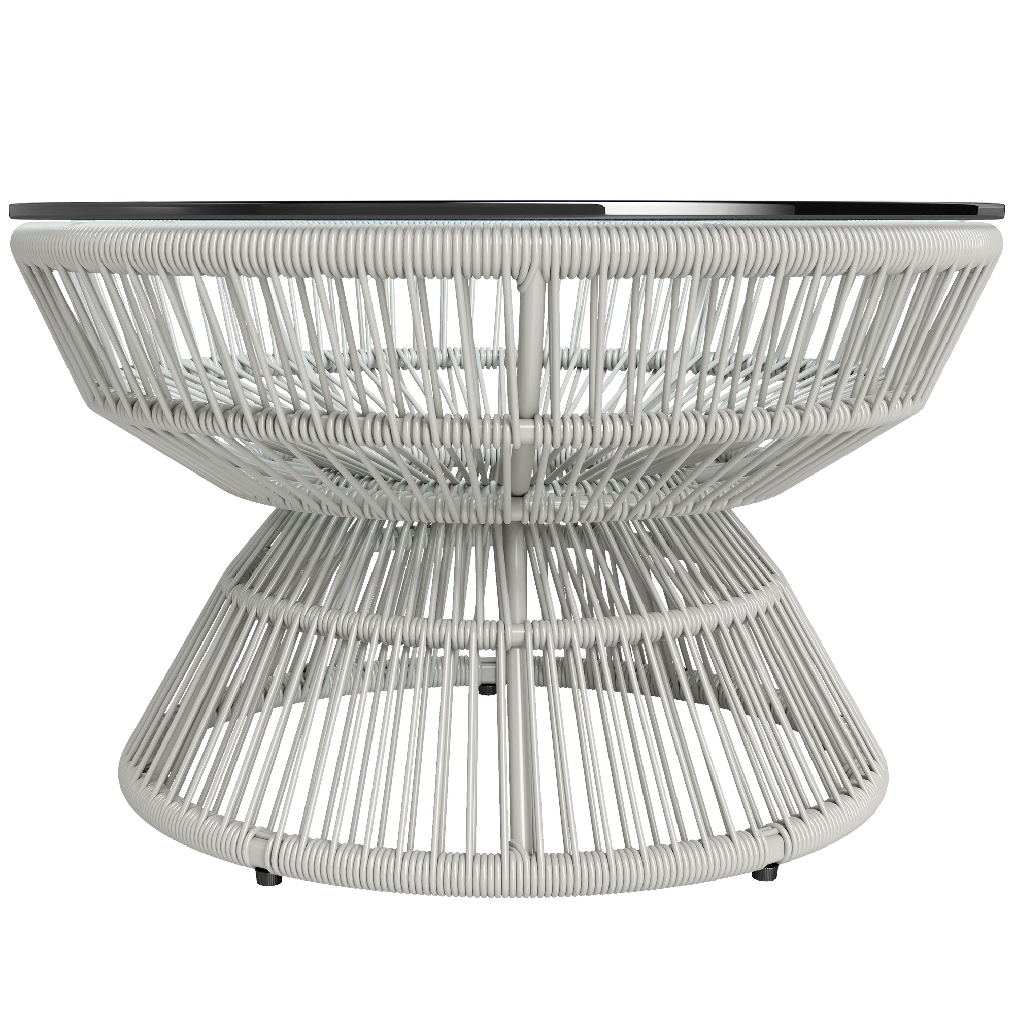 Round Garden Coffee Table, Rattan Wicker Effect Side Table with Tempered Glass Top Ø60 x 37H cm Light Grey