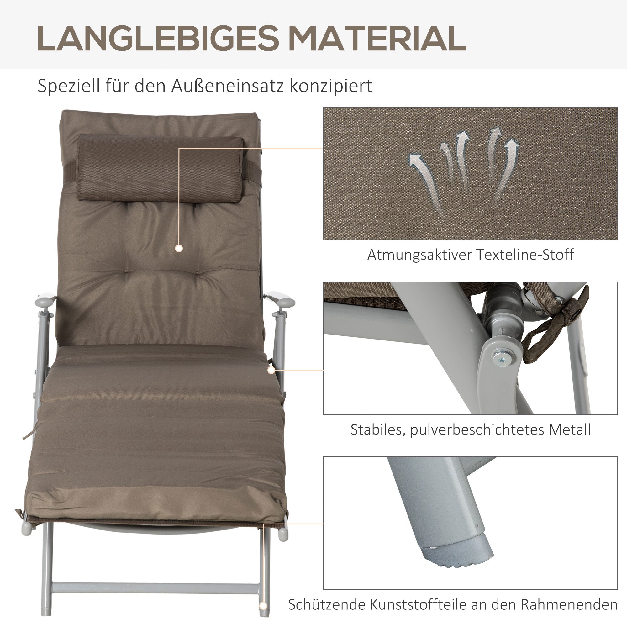 Folding Sun Lounger with Headrest Seat Cushion Recliner with 7-Position Adjustable Backrest Garden Lounger Relaxing Lounger up to 165 kg, for Garden Vacation Outdoor, Brown