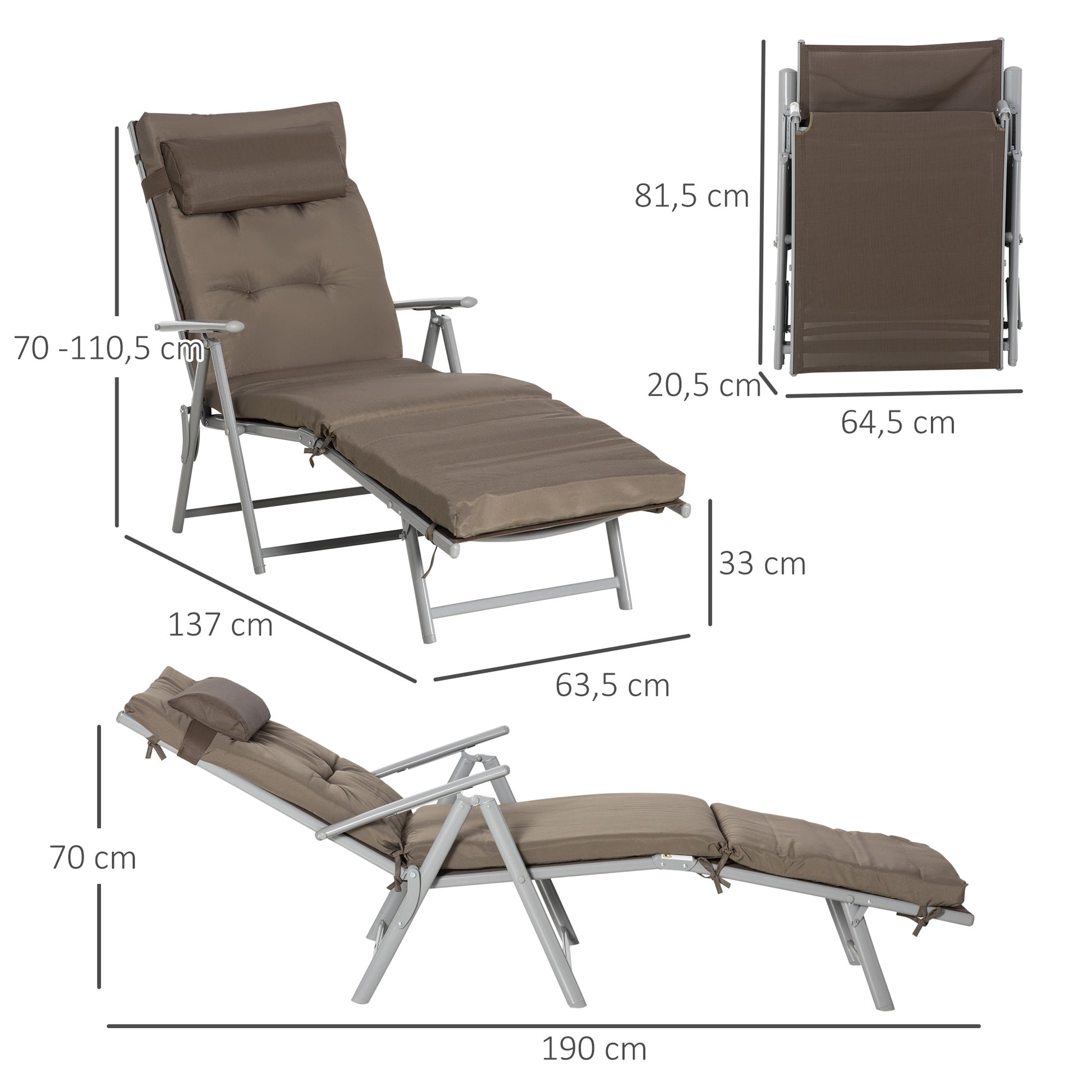 Folding Sun Lounger with Headrest Seat Cushion Recliner with 7-Position Adjustable Backrest Garden Lounger Relaxing Lounger up to 165 kg, for Garden Vacation Outdoor, Brown
