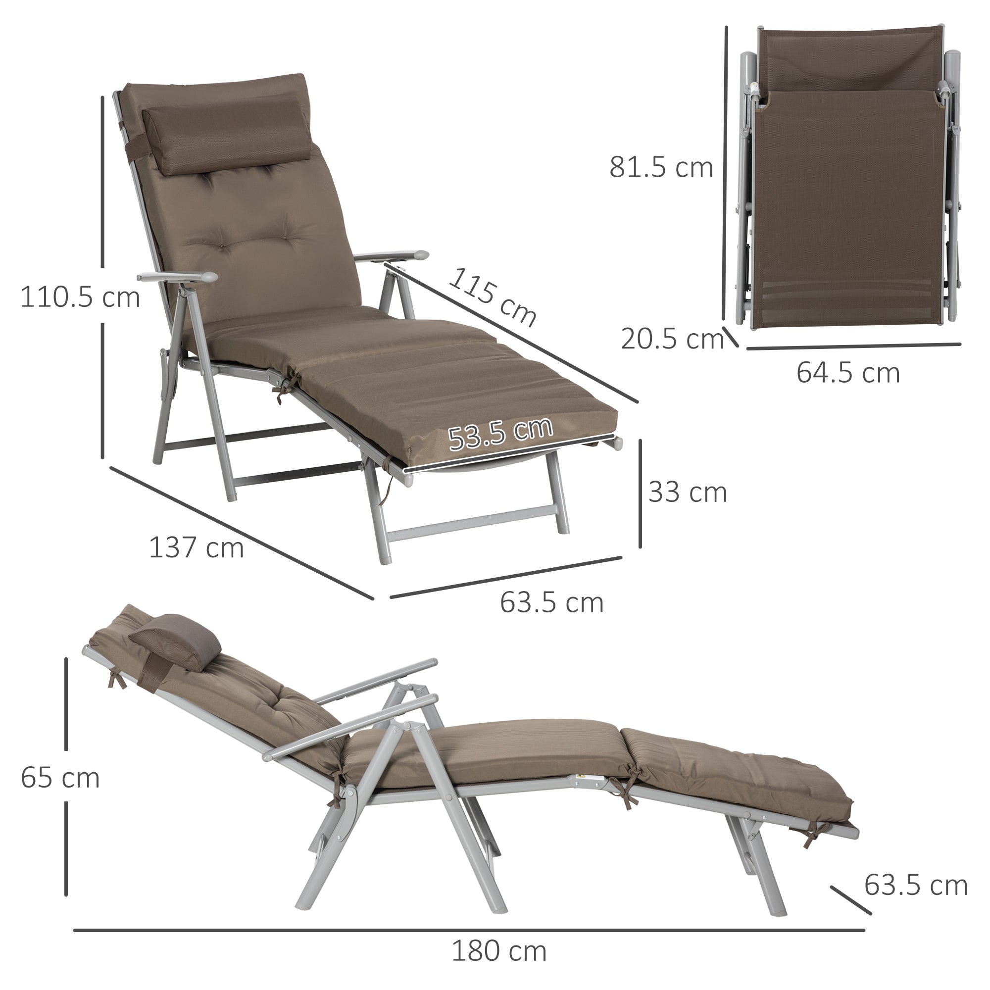 Folding Sun Lounger with Headrest Seat Cushion Recliner with 7-Position Adjustable Backrest Garden Lounger Relaxing Lounger up to 165 kg, for Garden Vacation Outdoor, Brown