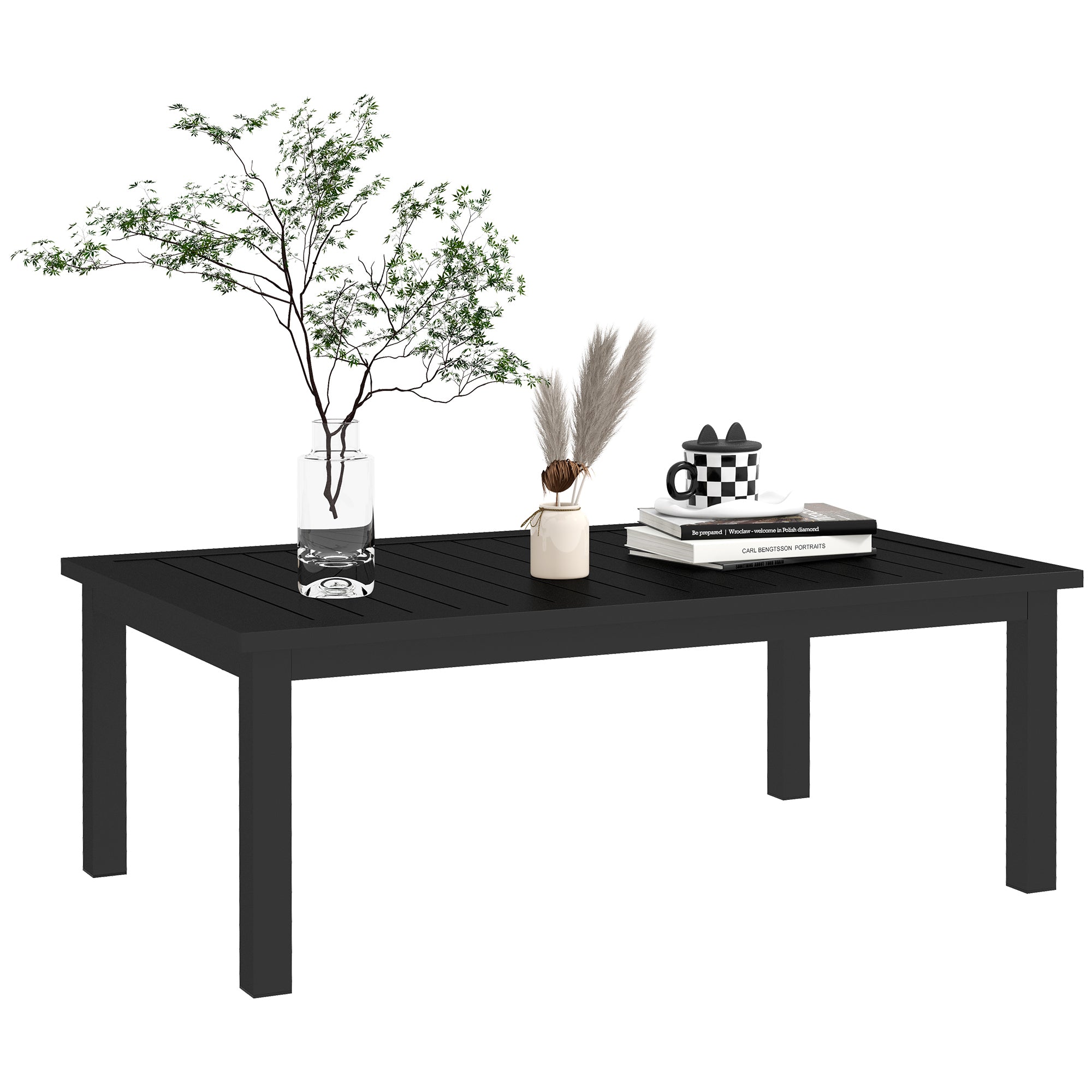 Rectangular Coffee Table Garden Table with Slatted Top for Indoor/Outdoor Use in Aluminum, dim. 100L x 60W x 37H cm, black