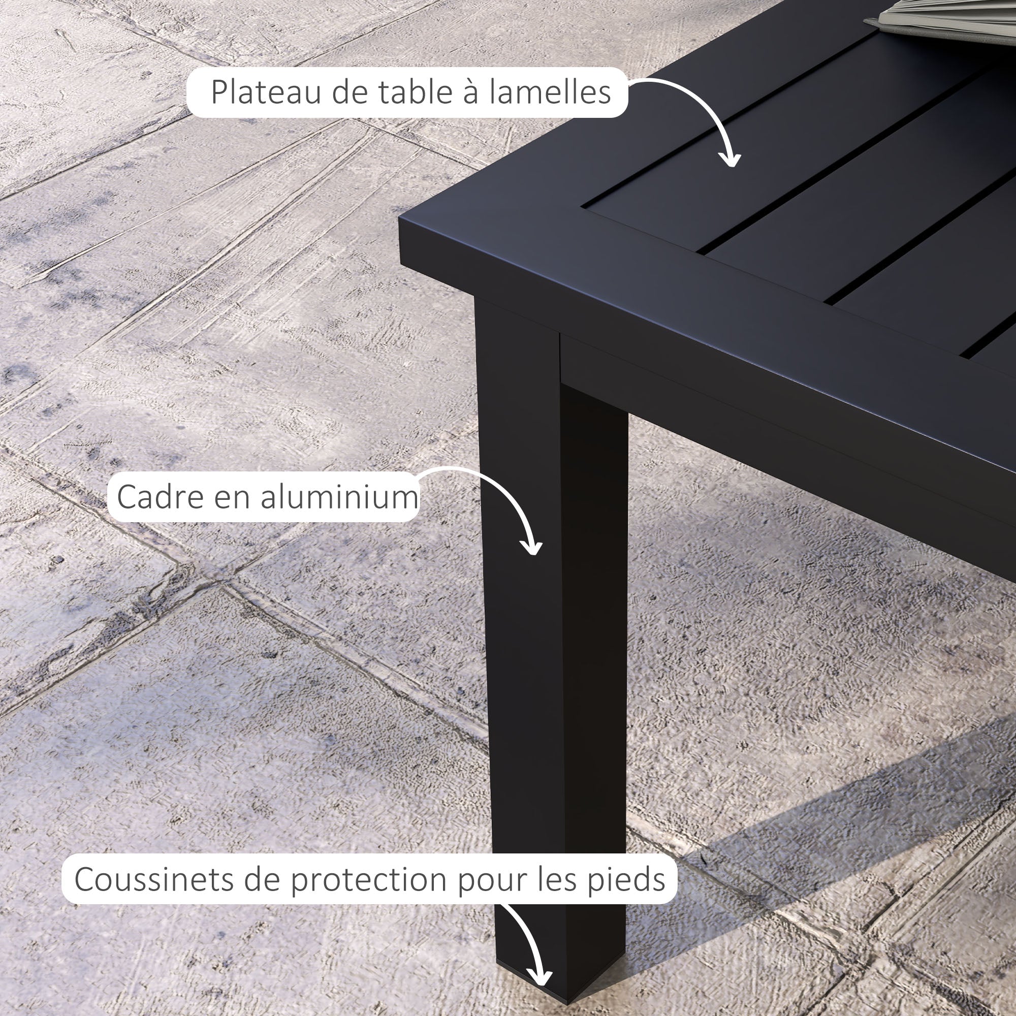 Rectangular Coffee Table Garden Table with Slatted Top for Indoor/Outdoor Use in Aluminum, dim. 100L x 60W x 37H cm, black