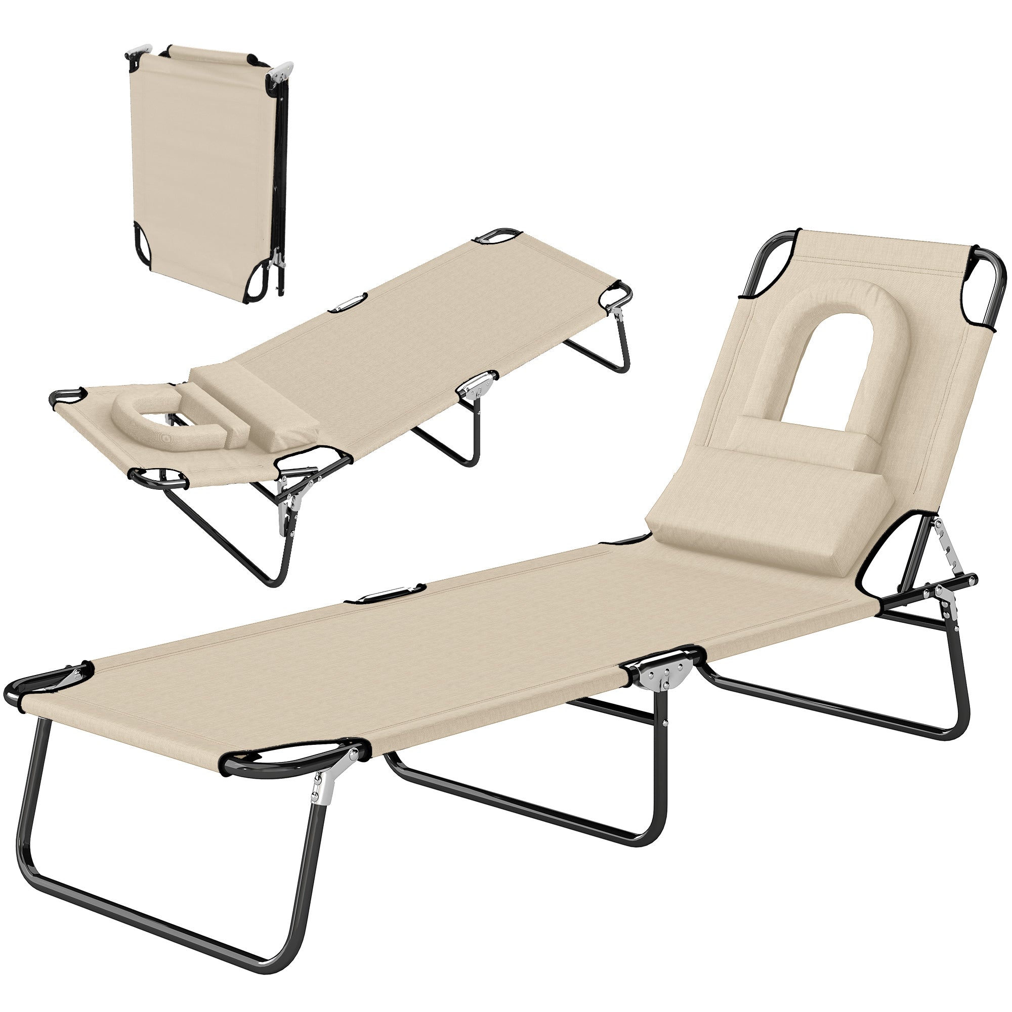 Folding Sun Lounger with Face Hole and Head Pillow — 4-Position Adjustable, Weatherproof, Up to 265 lb (Beige)