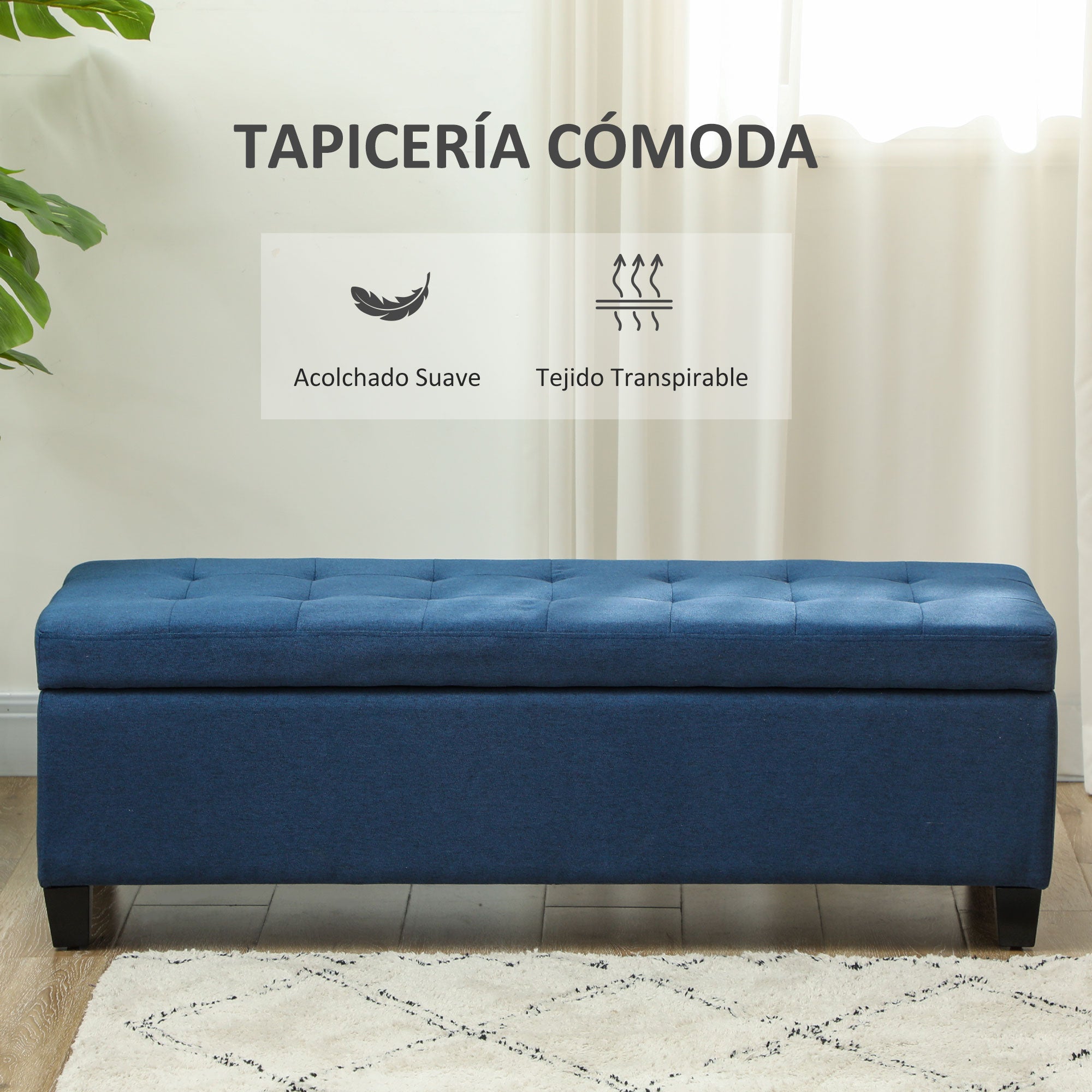 Padded Storage Bench Storage Ottoman Upholstered in Linen with Flip Top for Living Room Entryway Bedroom 120 kg Load 125x49x41.5 cm Blue