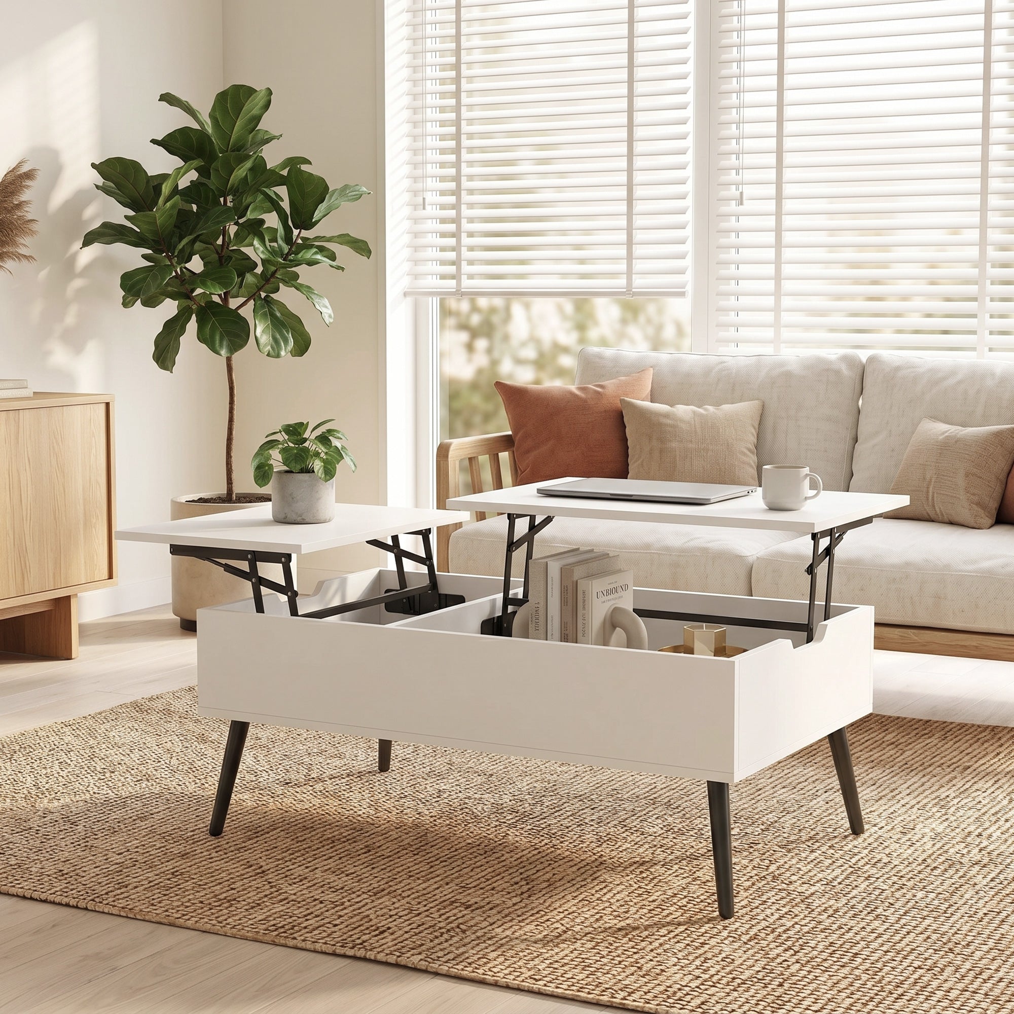 Lift-Top Coffee Table with Dual Tops & Hidden Compartment, Modern Metal-Leg Living Room Table for Home & Office — 39.4 x 19.7 x 17.2–22.8 in (100 x 50 x 43.6–58 cm), White