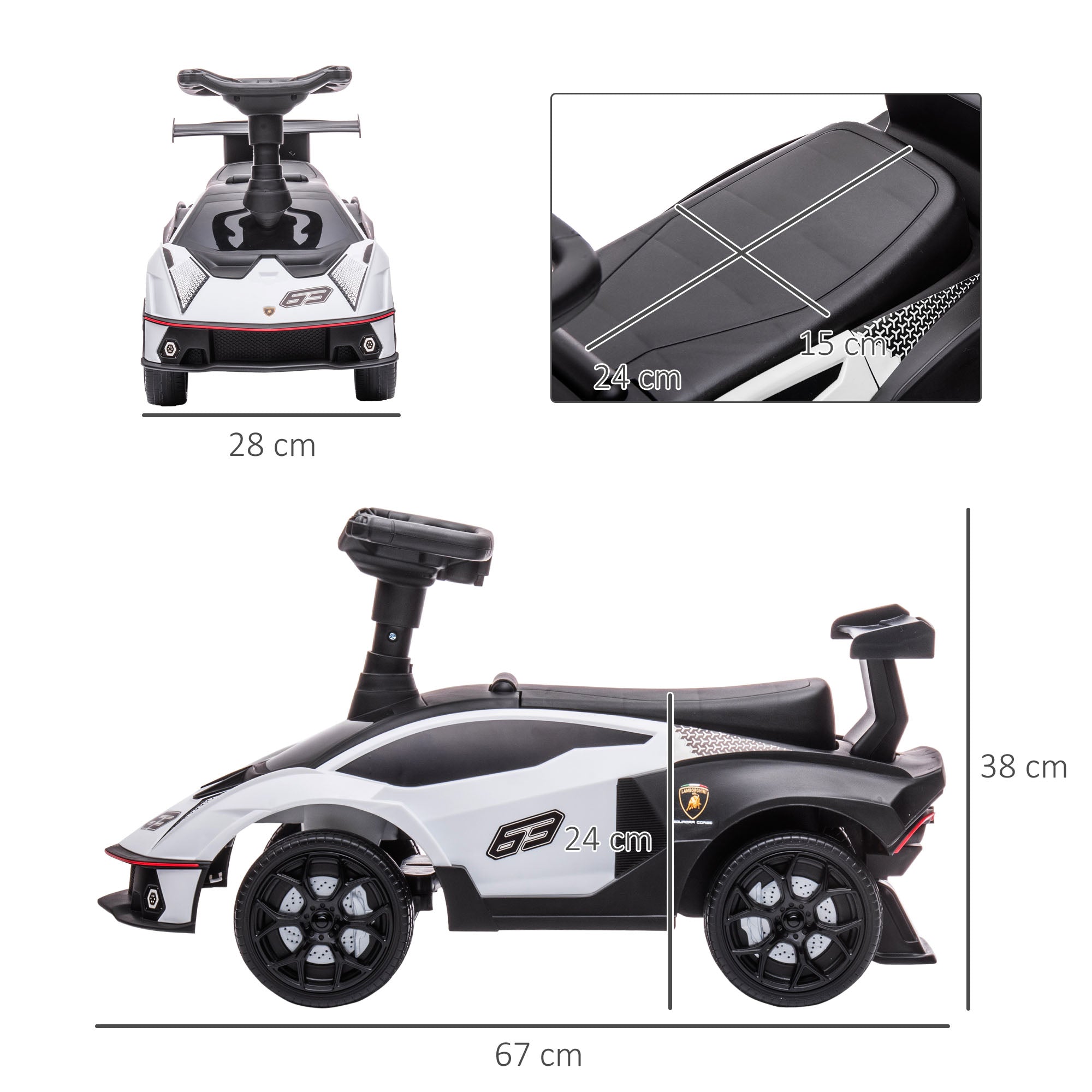 Push Car, Children's Vehicle, Ride-On Toy with Storage Space, Horn, and Engine Noise, Toy Car for Children from 12 Months, White+Black, 67 x 28 x 38 cm