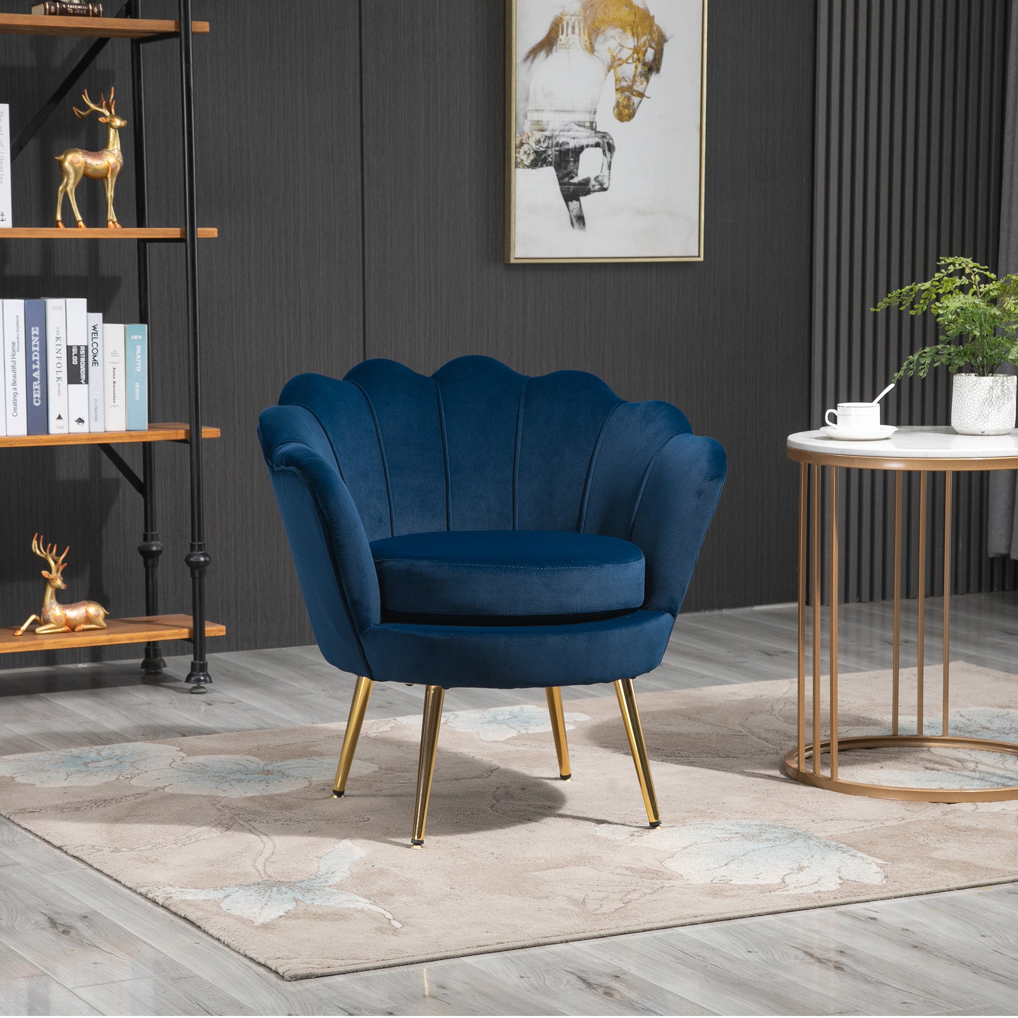 Chair Upholstered Shell-shaped Armchair with Metal Legs, Makeup Chair with Velvet Look, for Bedroom Living Room, Blue