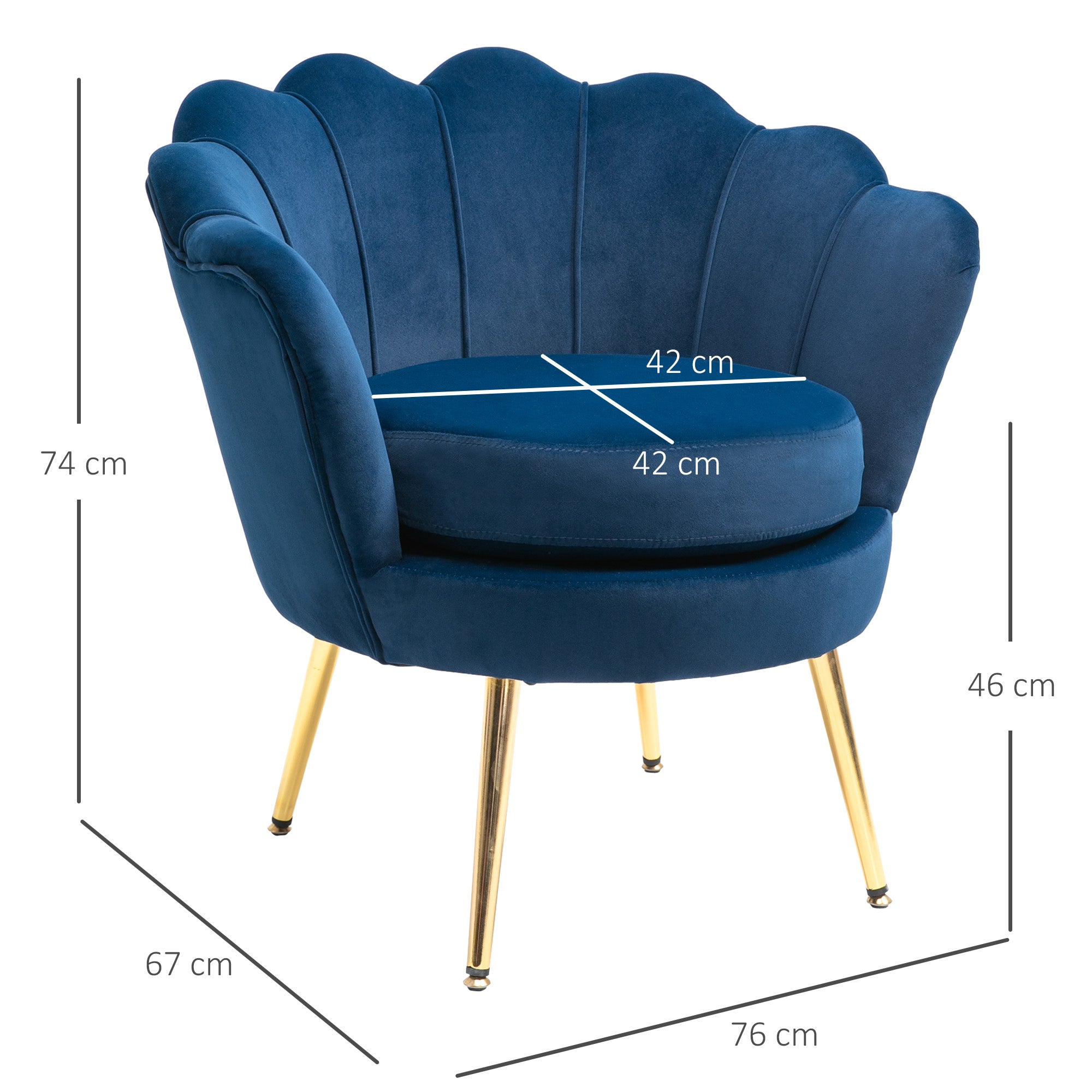 Chair Upholstered Shell-shaped Armchair with Metal Legs, Makeup Chair with Velvet Look, for Bedroom Living Room, Blue