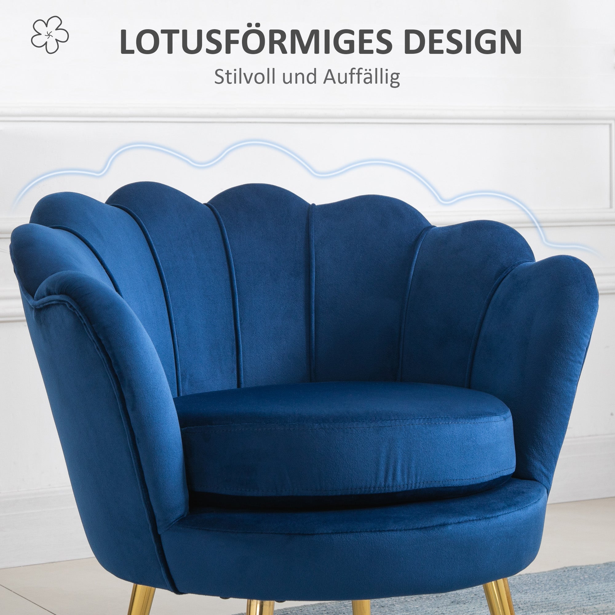Chair Upholstered Shell-shaped Armchair with Metal Legs, Makeup Chair with Velvet Look, for Bedroom Living Room, Blue