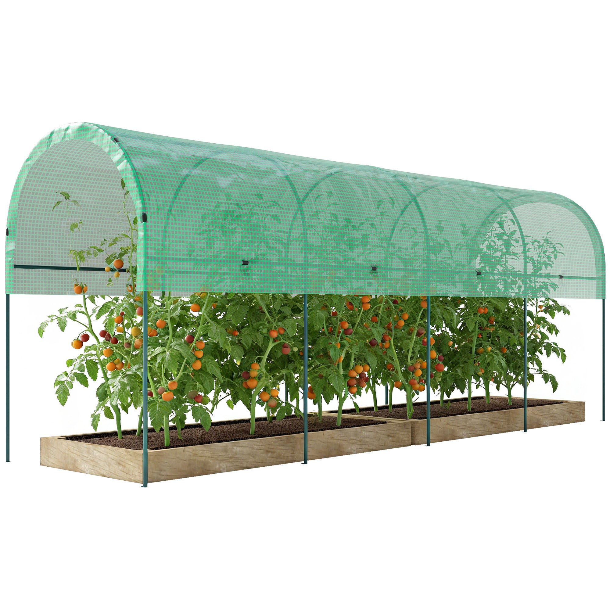 Winter Film Greenhouse with Arched Roof — Steel Frame & Ground Anchors, Slot-Together Open Tunnel, 400 x 120 x 170 cm (13.1 x 3.9 x 5.6 ft), Green