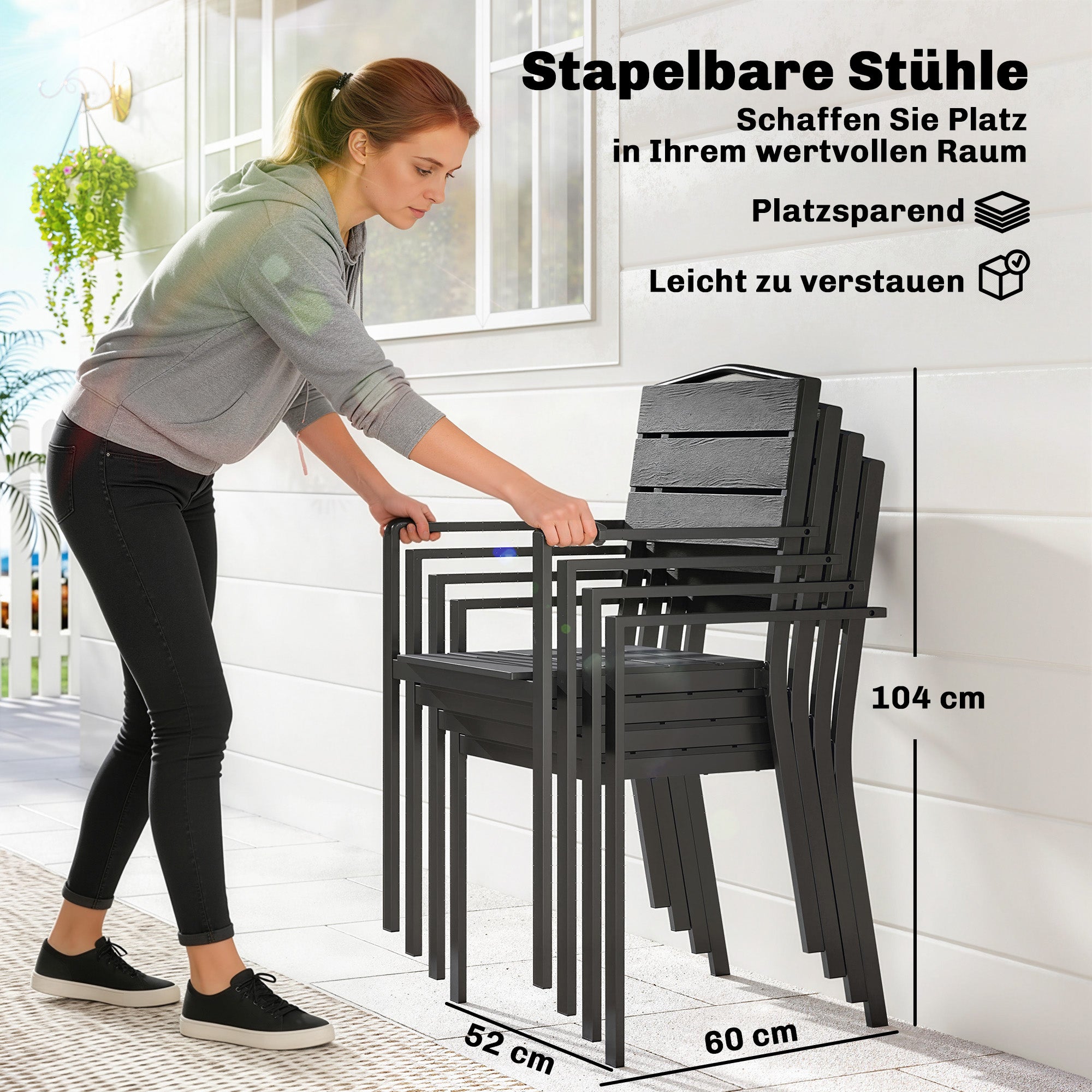 Garden Chairs – Set of 4 Stackable Patio Chairs with Slatted Design & Armrests, Weatherproof Balcony Chairs (265 lb Capacity), Black, 20.5 x 20.1 x 35.4 in
