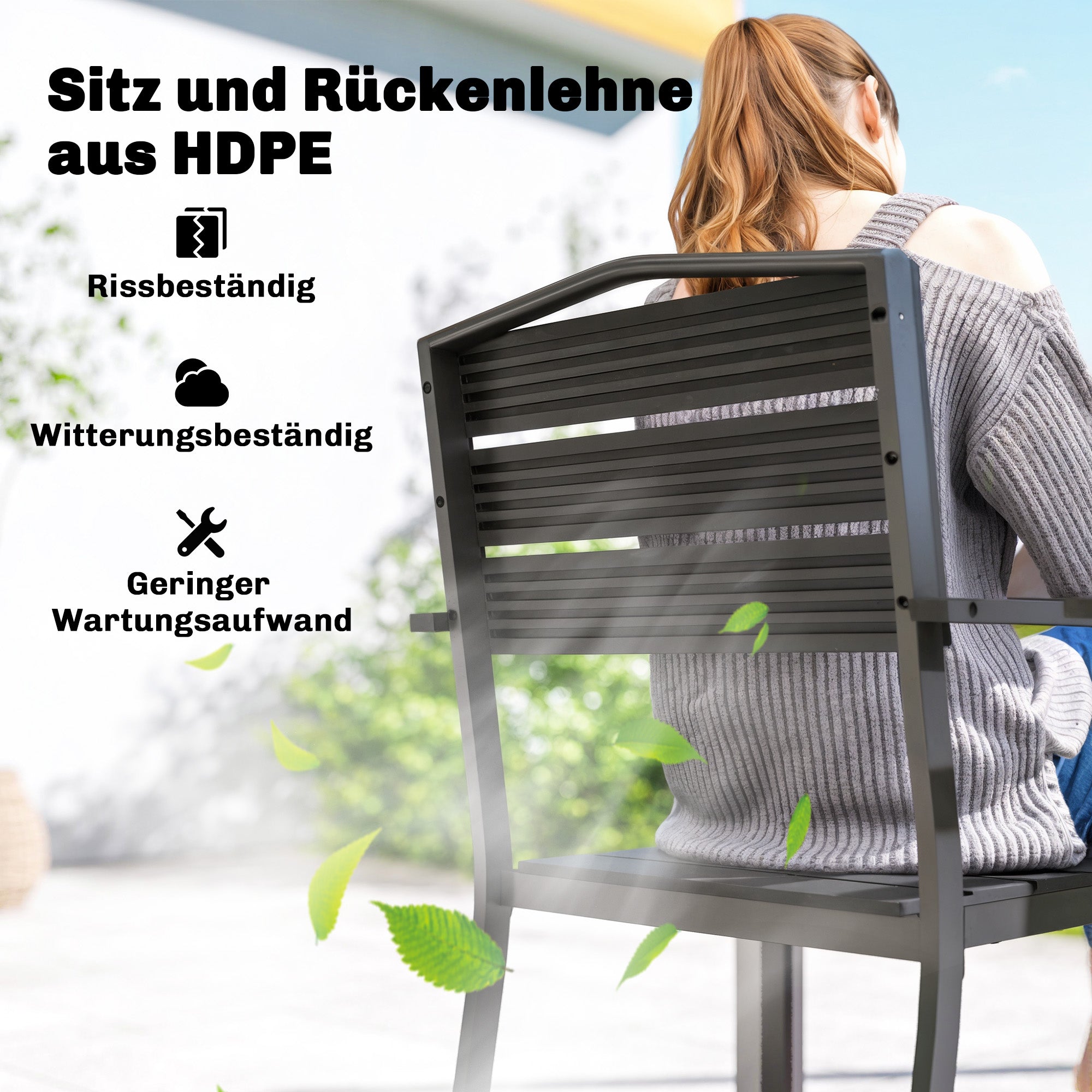 Garden Chairs – Set of 4 Stackable Patio Chairs with Slatted Design & Armrests, Weatherproof Balcony Chairs (265 lb Capacity), Black, 20.5 x 20.1 x 35.4 in