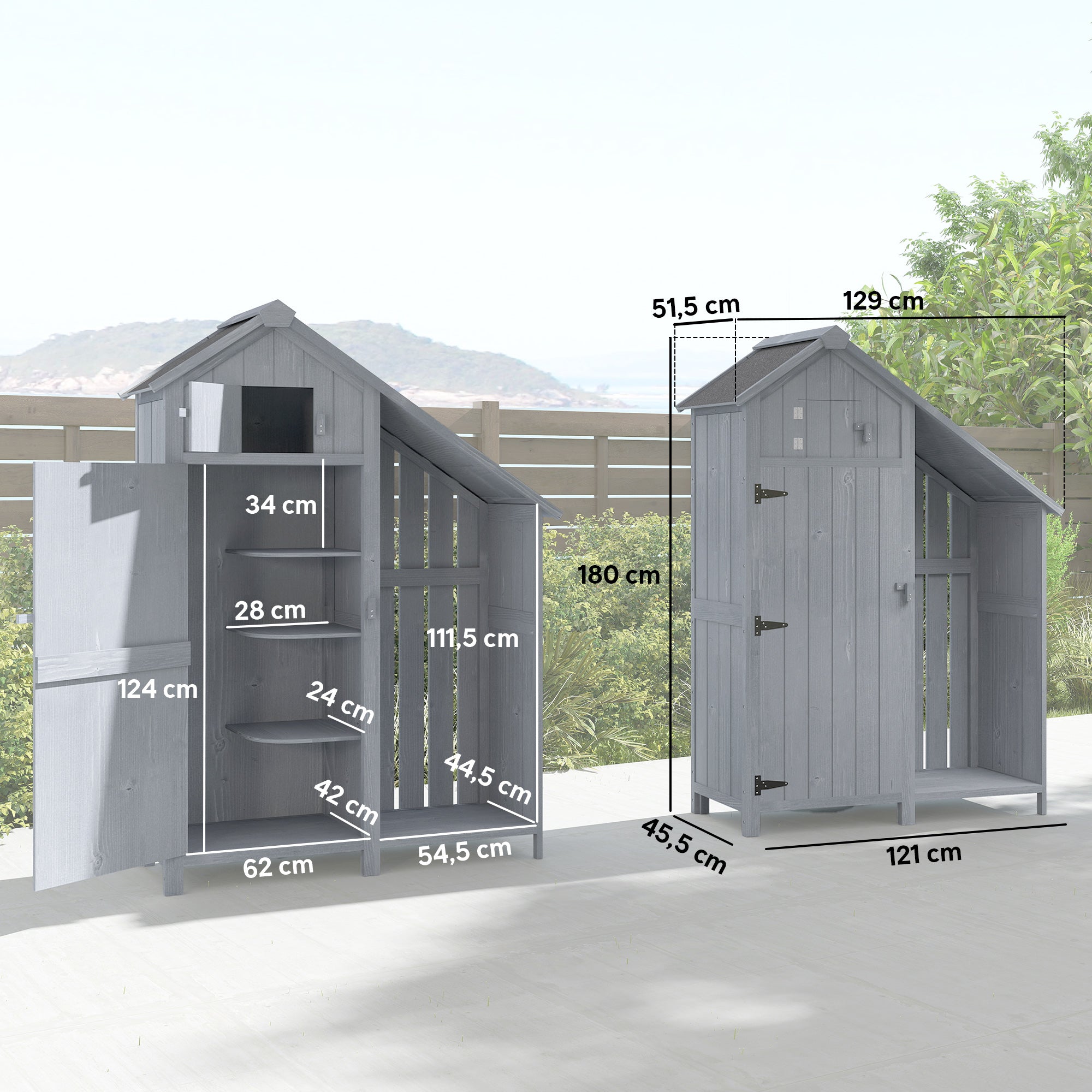 Weather-Resistant Spruce Wood Garden Storage Cabinet with Asphalt Roof and Shelves, Gray — 129 x 51.5 x 180 cm (50.8 x 20.3 x 70.9 in)
