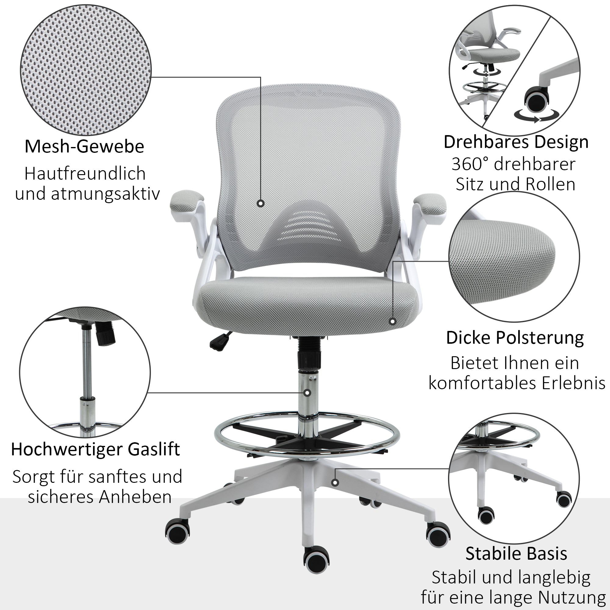 Office Chair Ergonomic Desk Chair with Foldable Armrests and Adjustable Foot Ring, Height Adjustable Swivel Chair Drafting Chair with Tilt Function, Mesh Light Grey