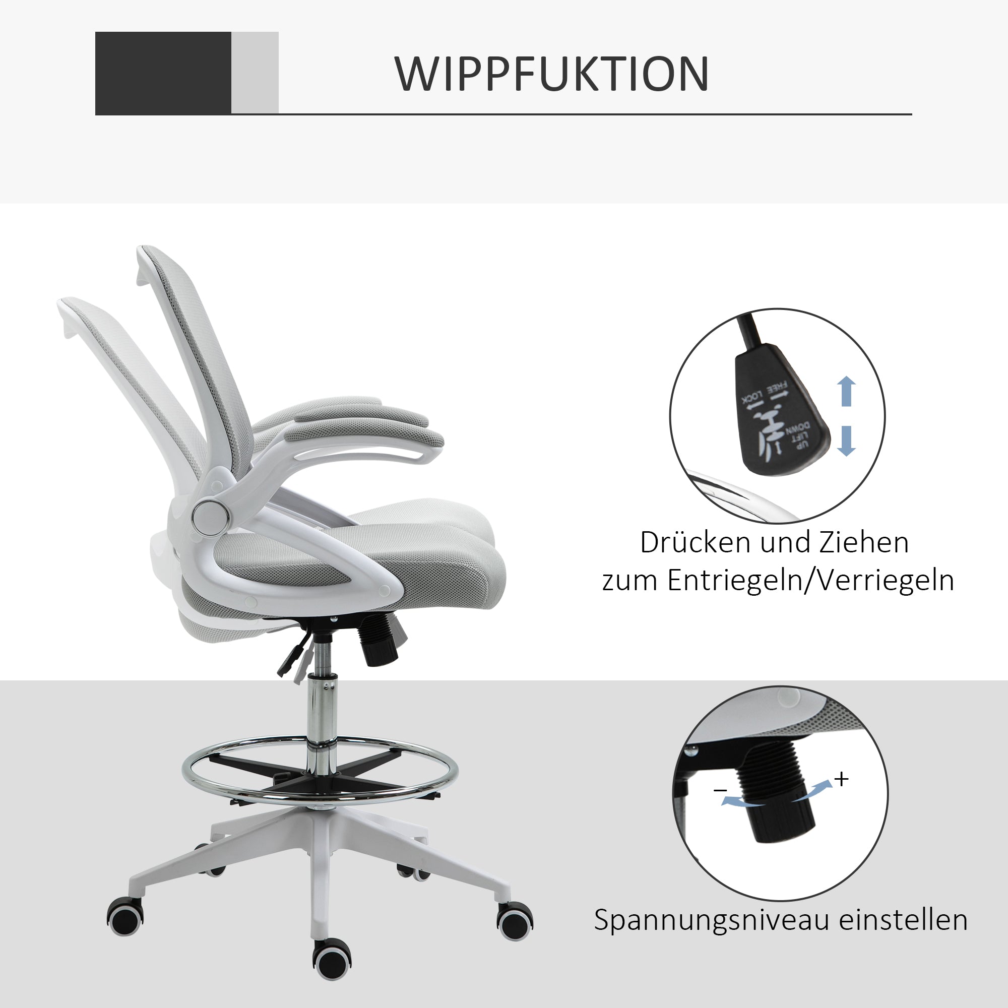 Office Chair Ergonomic Desk Chair with Foldable Armrests and Adjustable Foot Ring, Height Adjustable Swivel Chair Drafting Chair with Tilt Function, Mesh Light Grey