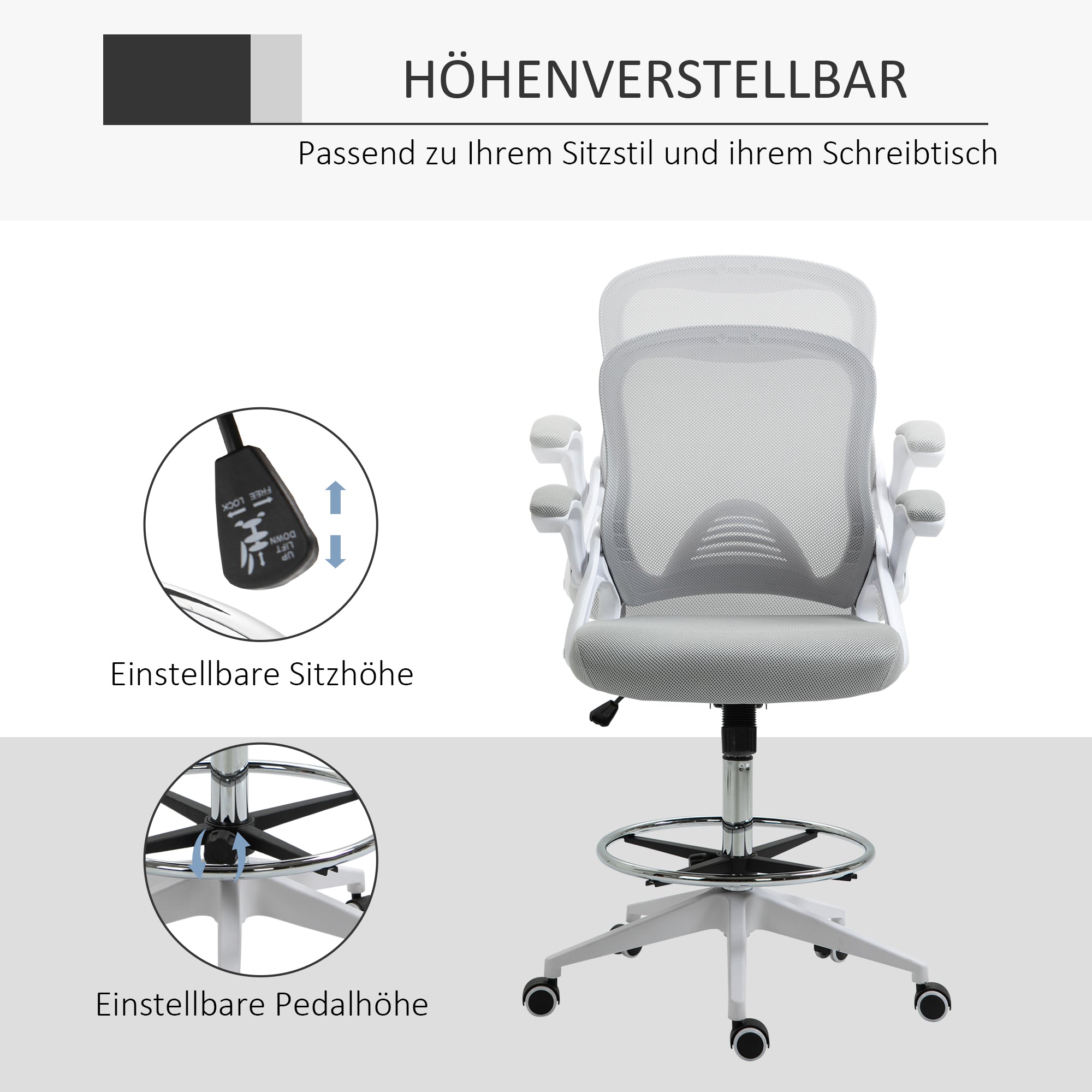 Office Chair Ergonomic Desk Chair with Foldable Armrests and Adjustable Foot Ring, Height Adjustable Swivel Chair Drafting Chair with Tilt Function, Mesh Light Grey