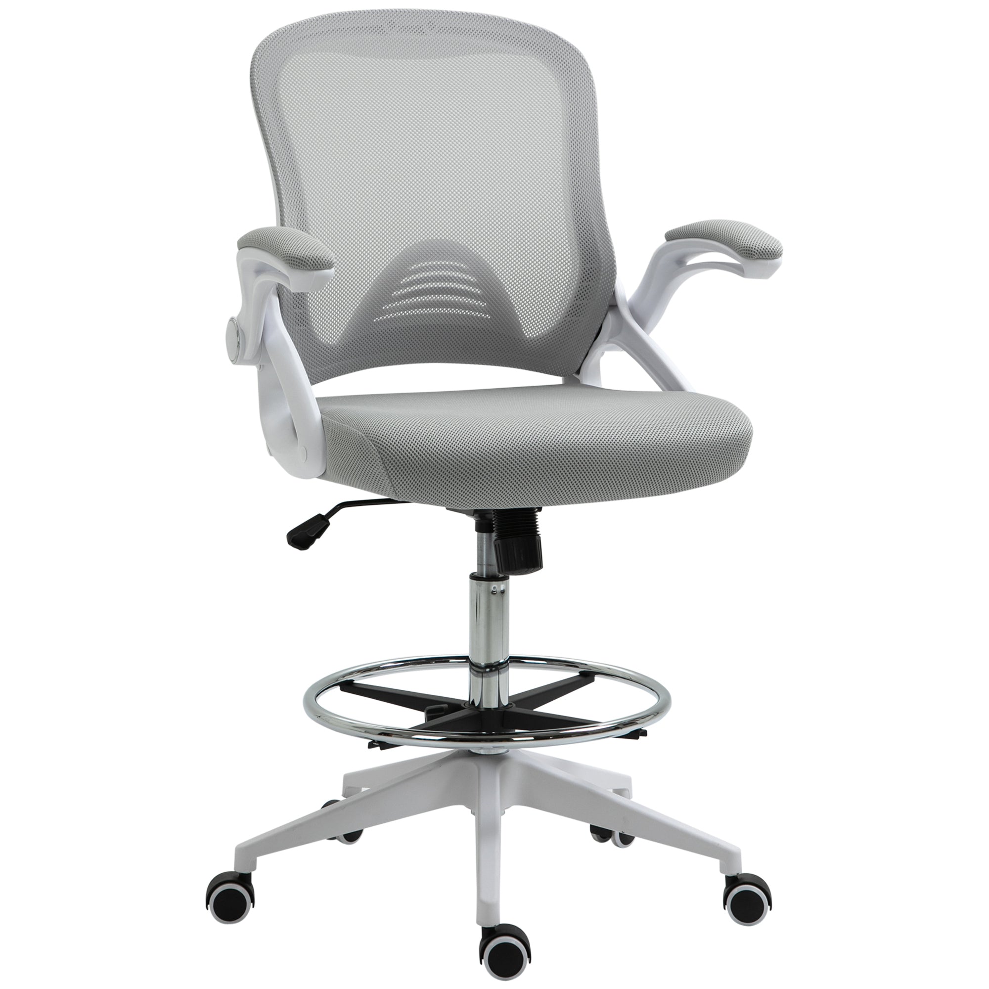 Office Chair Ergonomic Desk Chair with Foldable Armrests and Adjustable Foot Ring, Height Adjustable Swivel Chair Drafting Chair with Tilt Function, Mesh Light Grey