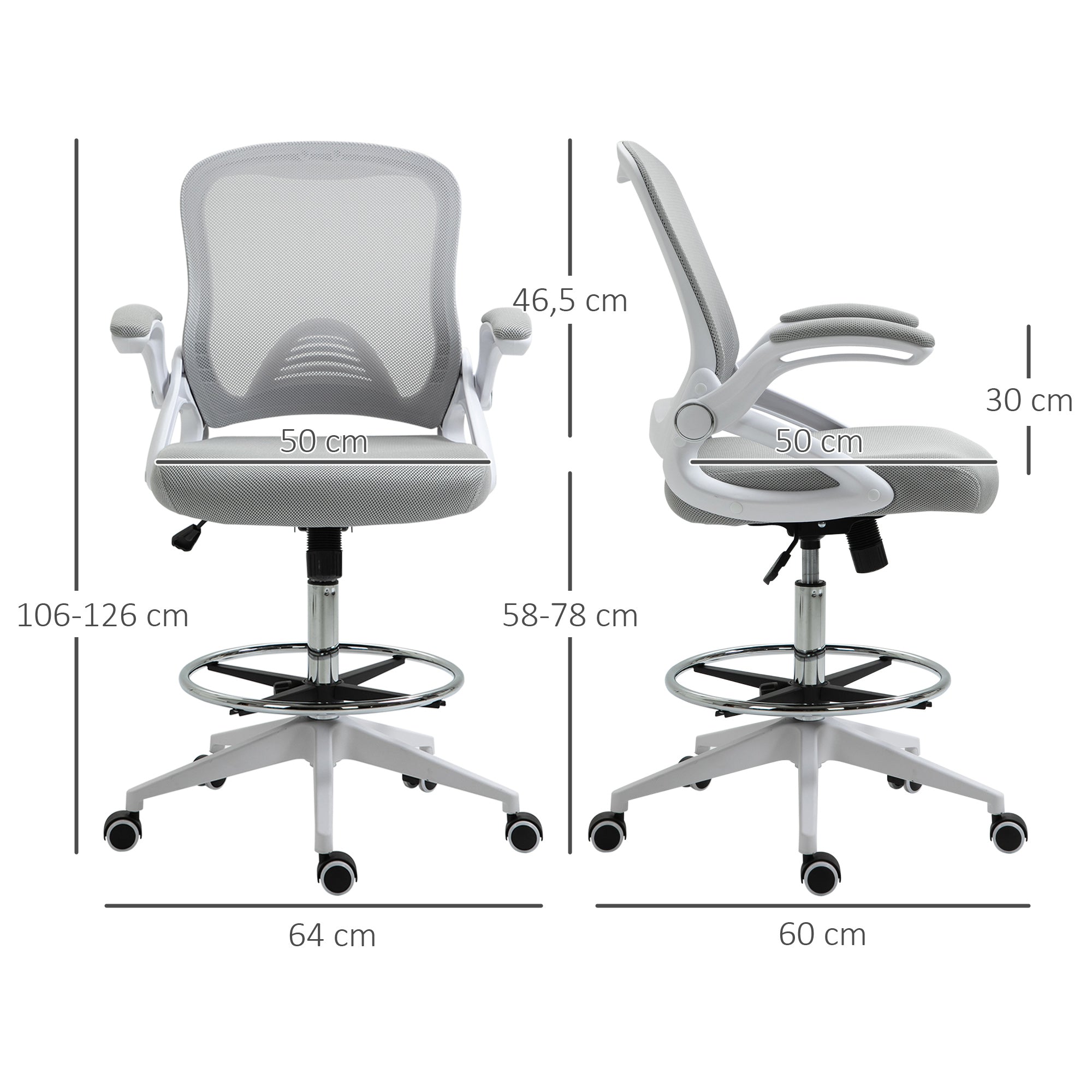 Office Chair Ergonomic Desk Chair with Foldable Armrests and Adjustable Foot Ring, Height Adjustable Swivel Chair Drafting Chair with Tilt Function, Mesh Light Grey