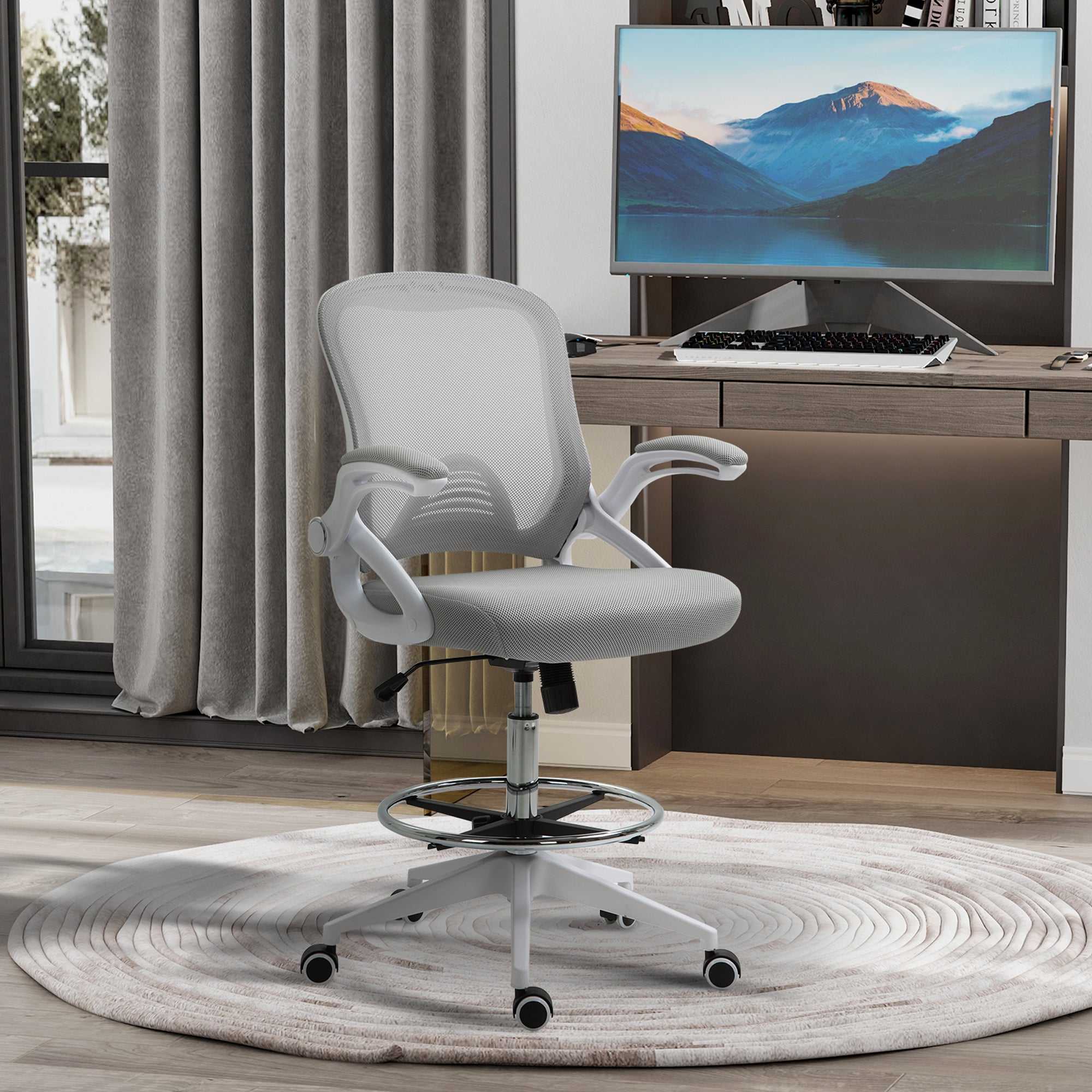 Office Chair Ergonomic Desk Chair with Foldable Armrests and Adjustable Foot Ring, Height Adjustable Swivel Chair Drafting Chair with Tilt Function, Mesh Light Grey
