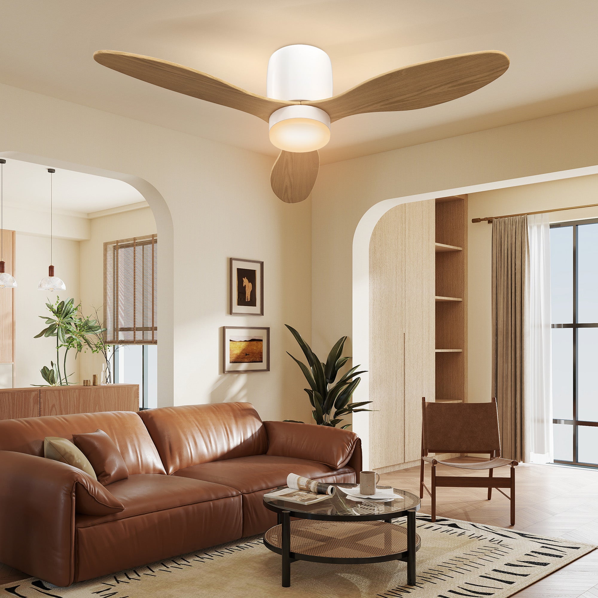 Ceiling Fan with Light and Remote Control 50W, Silent and Reversible 115cm Ceiling Fan with 3 Blades 6 Speeds Adjustable Brightness Timer, for Bedroom Living Room, Natural Wood