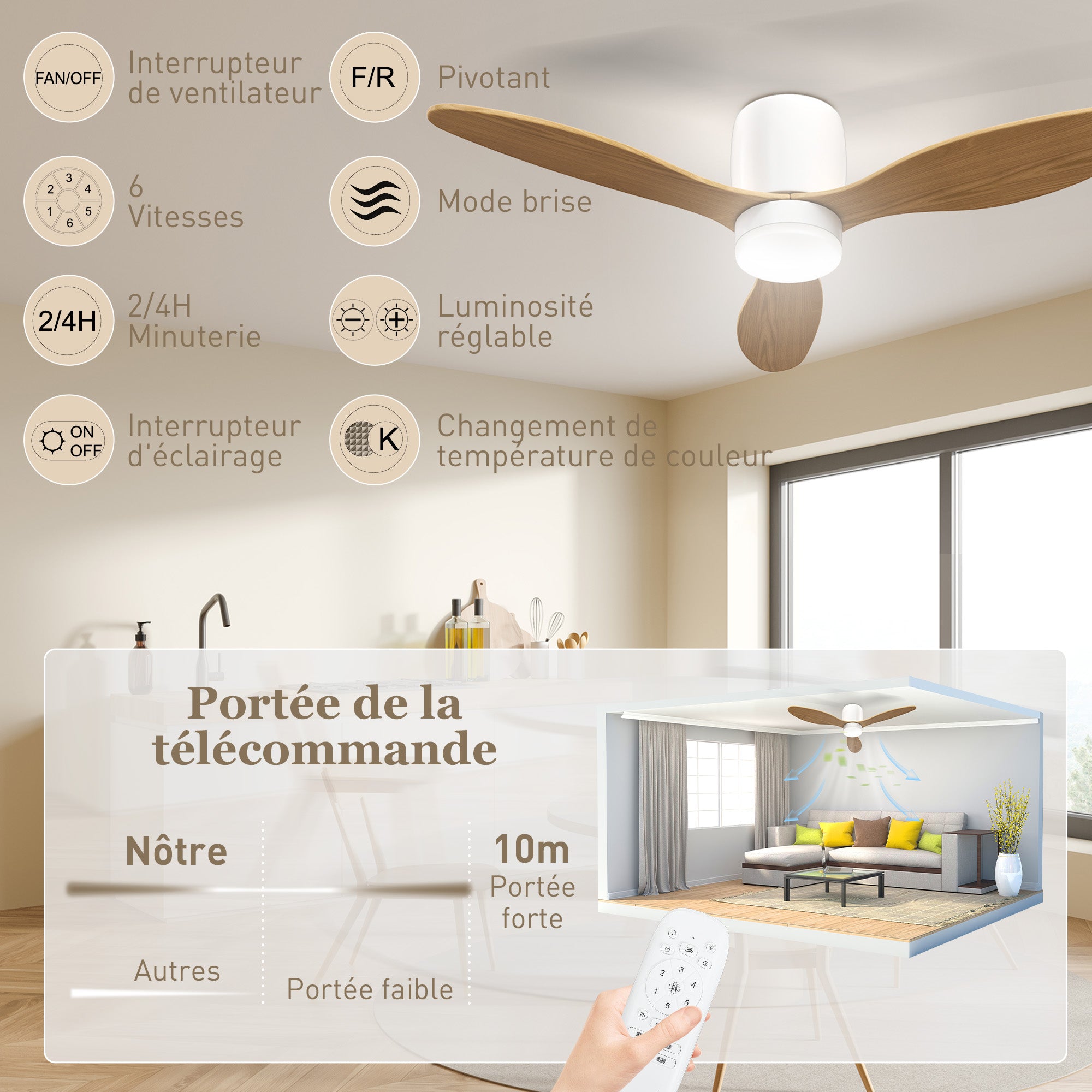 Ceiling Fan with Light and Remote Control 50W, Silent and Reversible 115cm Ceiling Fan with 3 Blades 6 Speeds Adjustable Brightness Timer, for Bedroom Living Room, Natural Wood