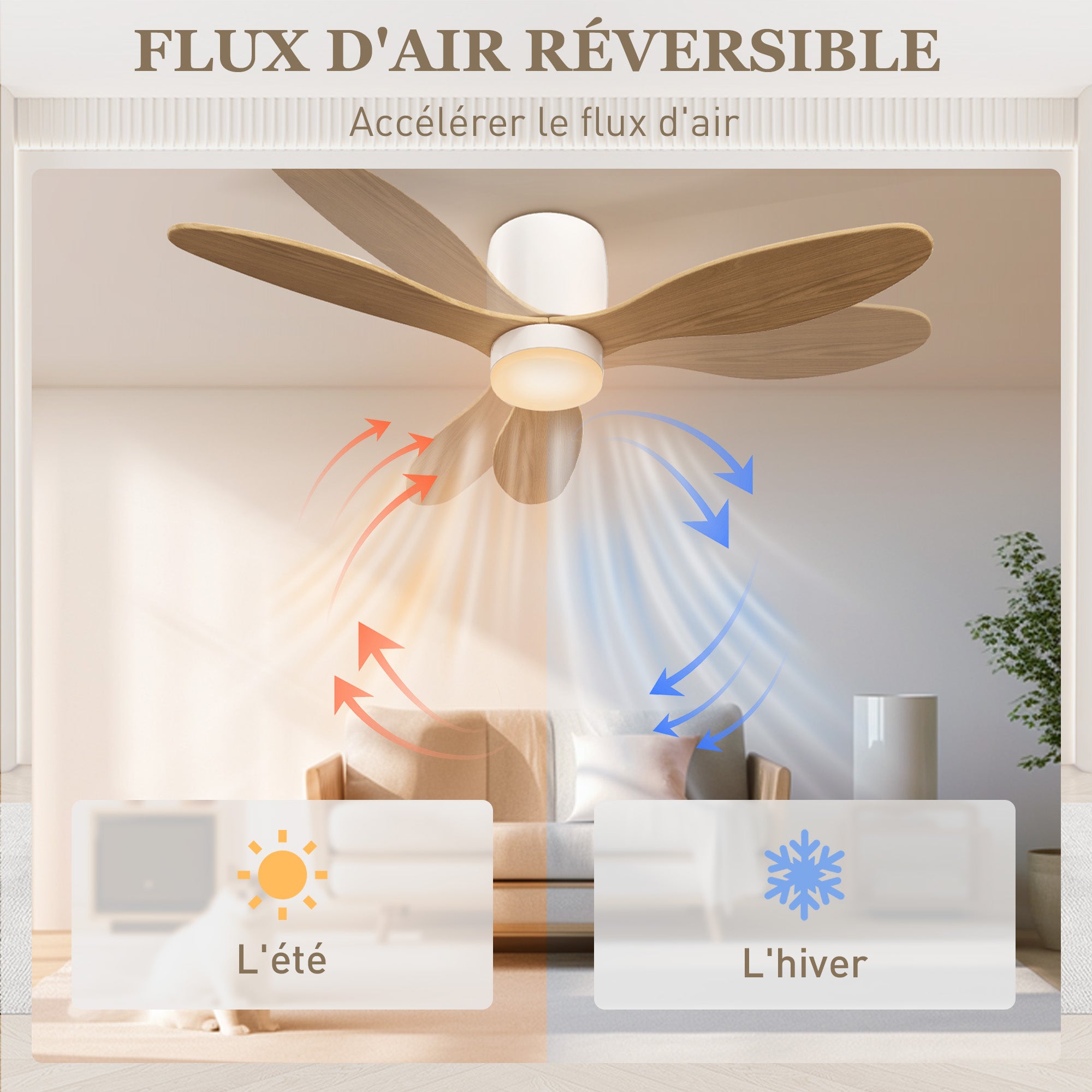 Ceiling Fan with Light and Remote Control 50W, Silent and Reversible 115cm Ceiling Fan with 3 Blades 6 Speeds Adjustable Brightness Timer, for Bedroom Living Room, Natural Wood