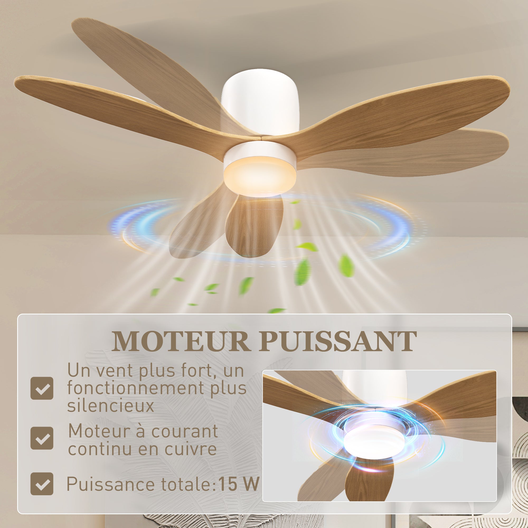 Ceiling Fan with Light and Remote Control 50W, Silent and Reversible 115cm Ceiling Fan with 3 Blades 6 Speeds Adjustable Brightness Timer, for Bedroom Living Room, Natural Wood