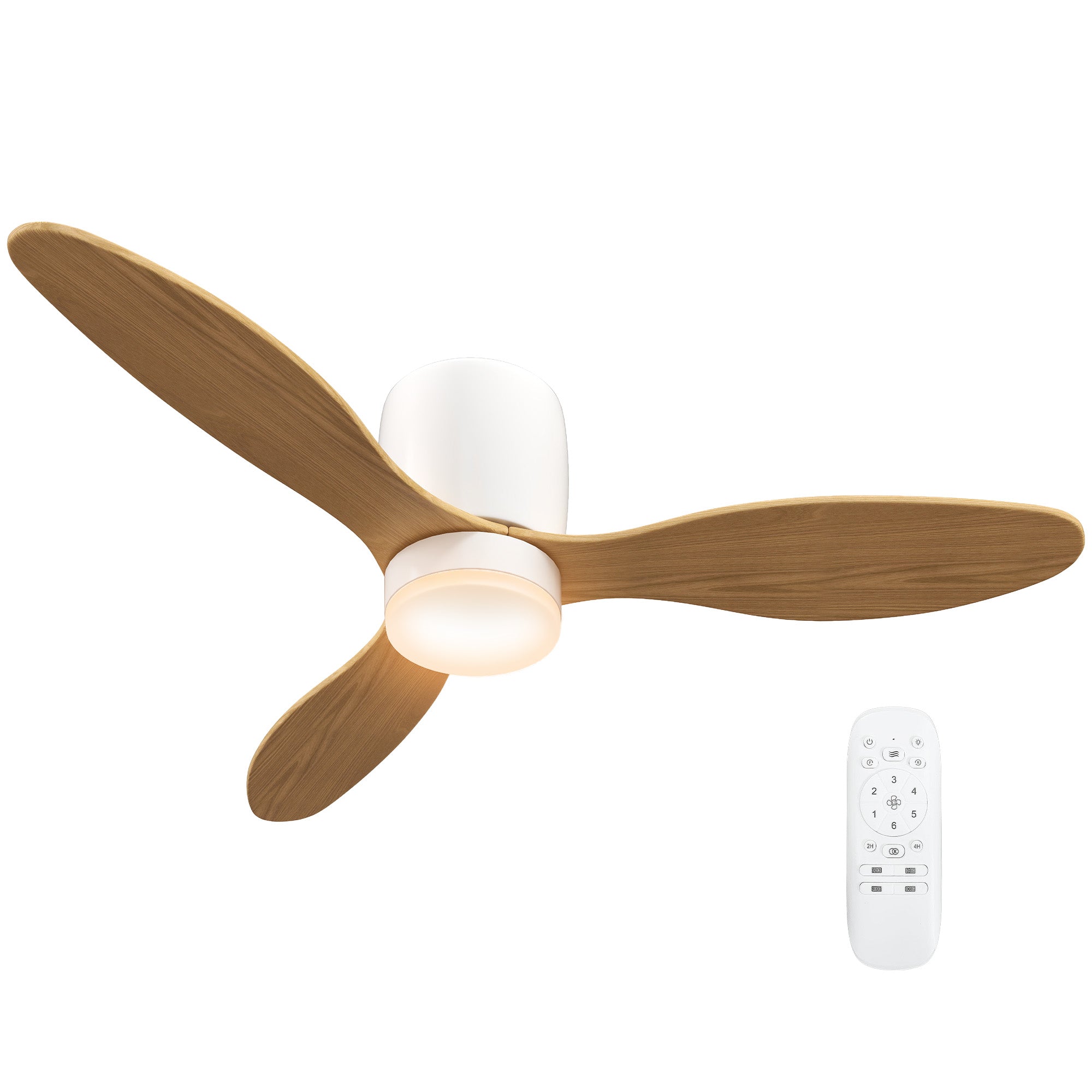 Ceiling Fan with Light and Remote Control 50W, Silent and Reversible 115cm Ceiling Fan with 3 Blades 6 Speeds Adjustable Brightness Timer, for Bedroom Living Room, Natural Wood