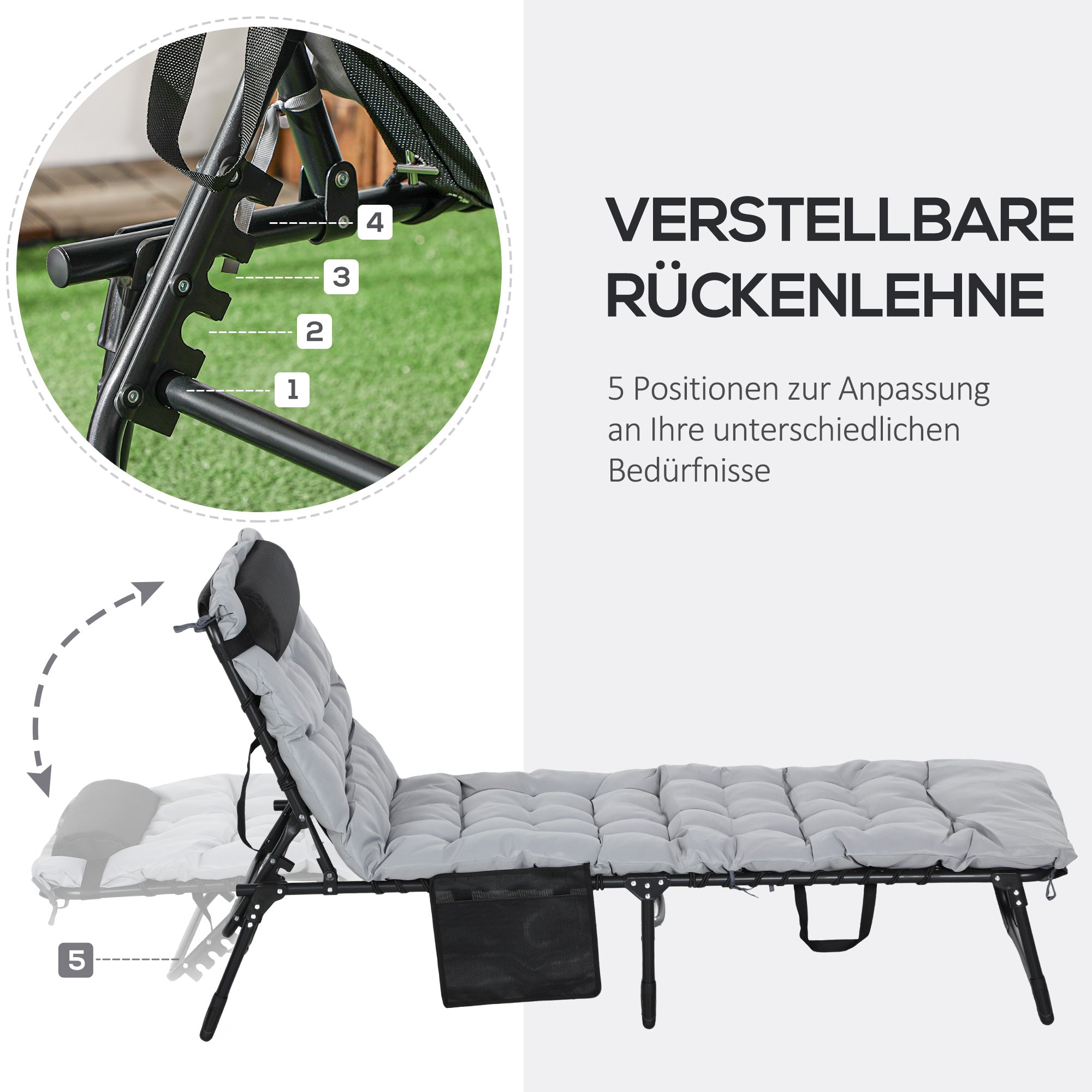 Folding Sun Lounger Garden Lounger with 5-Position Adjustable Backrest Camping Lounger with Pocket with Headrest Garden Chair up to 120 kg, for Garden, Balcony, Light gray
