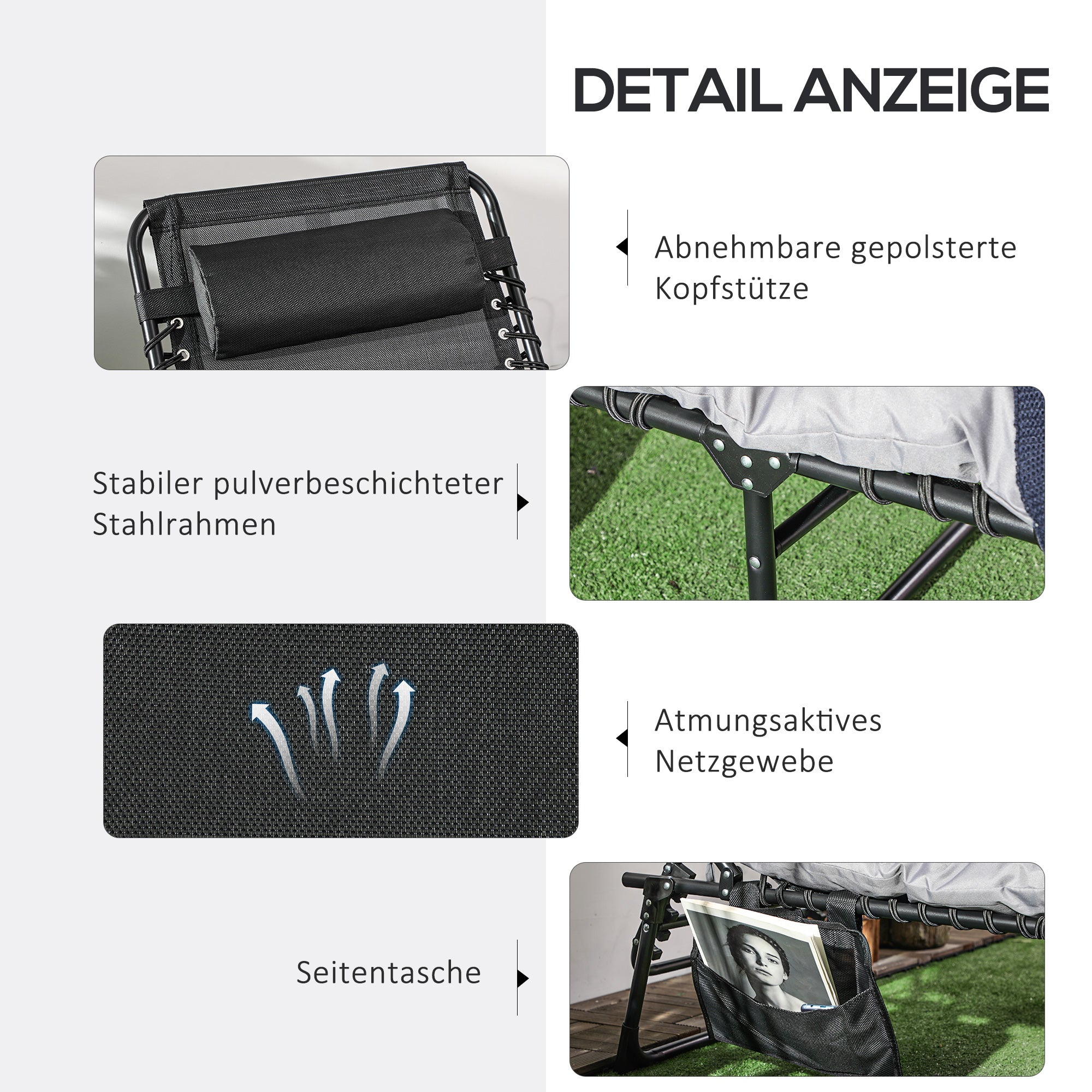 Folding Sun Lounger Garden Lounger with 5-Position Adjustable Backrest Camping Lounger with Pocket with Headrest Garden Chair up to 120 kg, for Garden, Balcony, Light gray