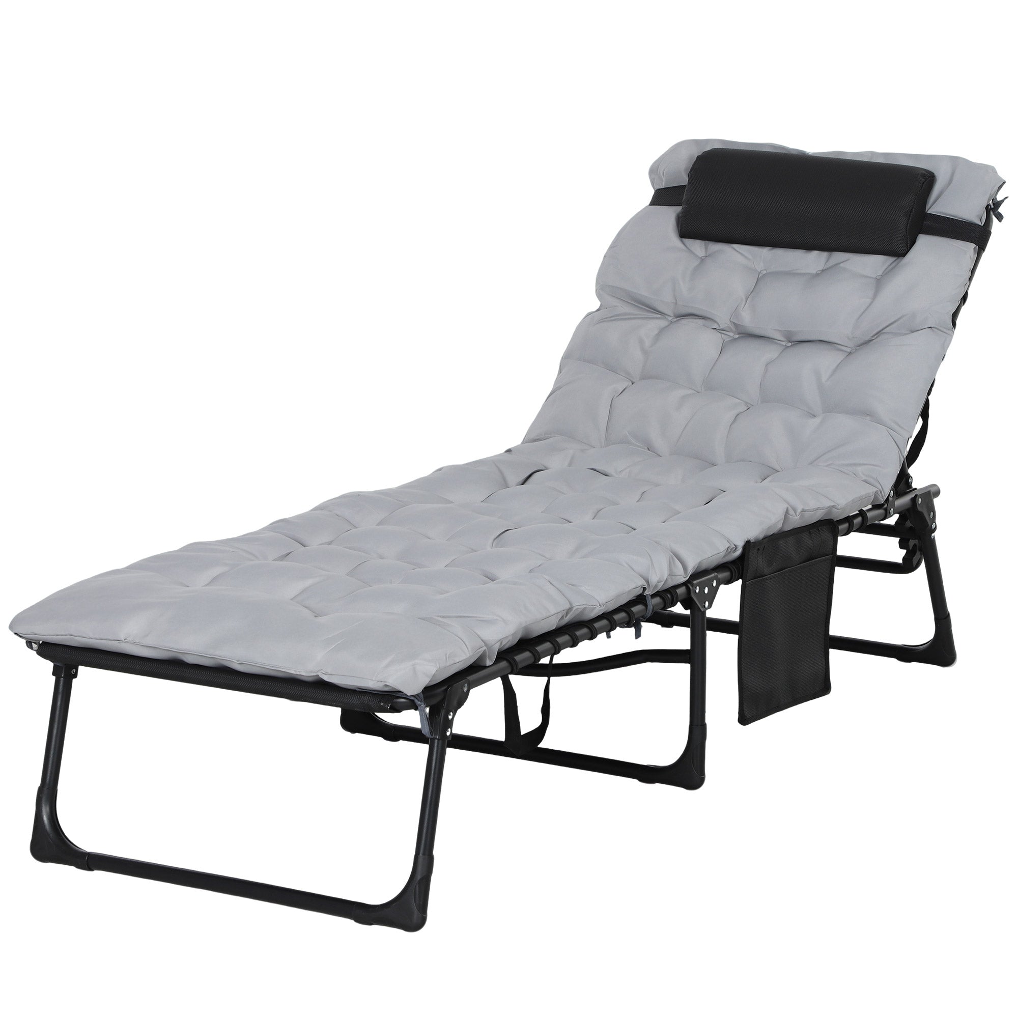 Folding Sun Lounger Garden Lounger with 5-Position Adjustable Backrest Camping Lounger with Pocket with Headrest Garden Chair up to 120 kg, for Garden, Balcony, Light gray