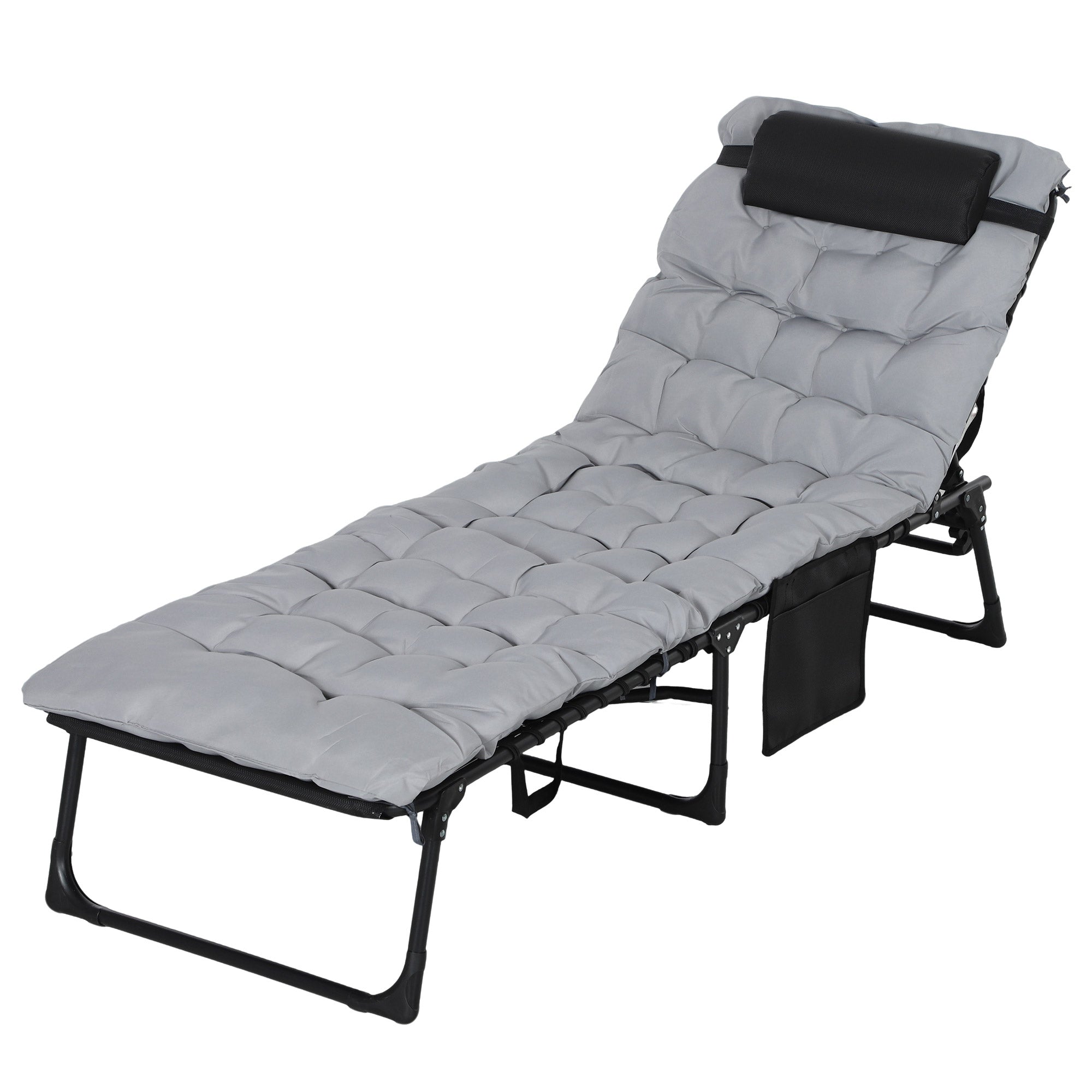 Folding Sun Lounger Garden Lounger with 5-Position Adjustable Backrest Camping Lounger with Pocket with Headrest Garden Chair up to 120 kg, for Garden, Balcony, Light gray