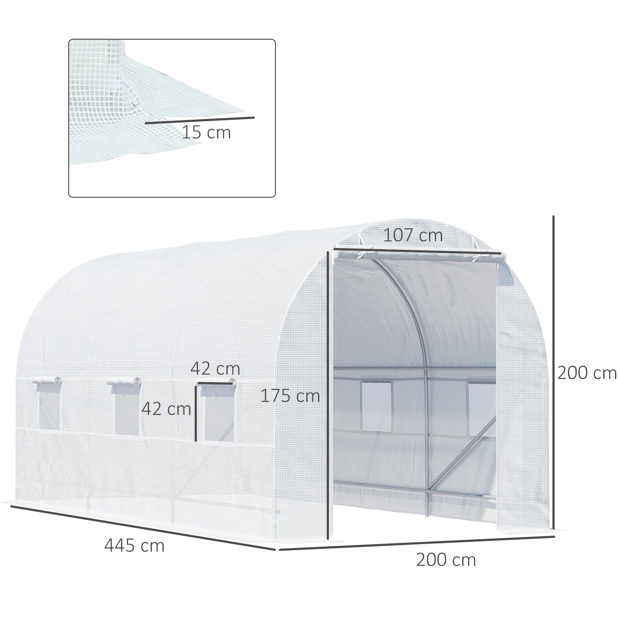 Greenhouse 445x200x200cm Foil Greenhouse Tomato House with Door, Window, Film Tunnel made of galvanized steel, plant tunnel, greenhouse including ground anchors and ropes, garden tunnel, White