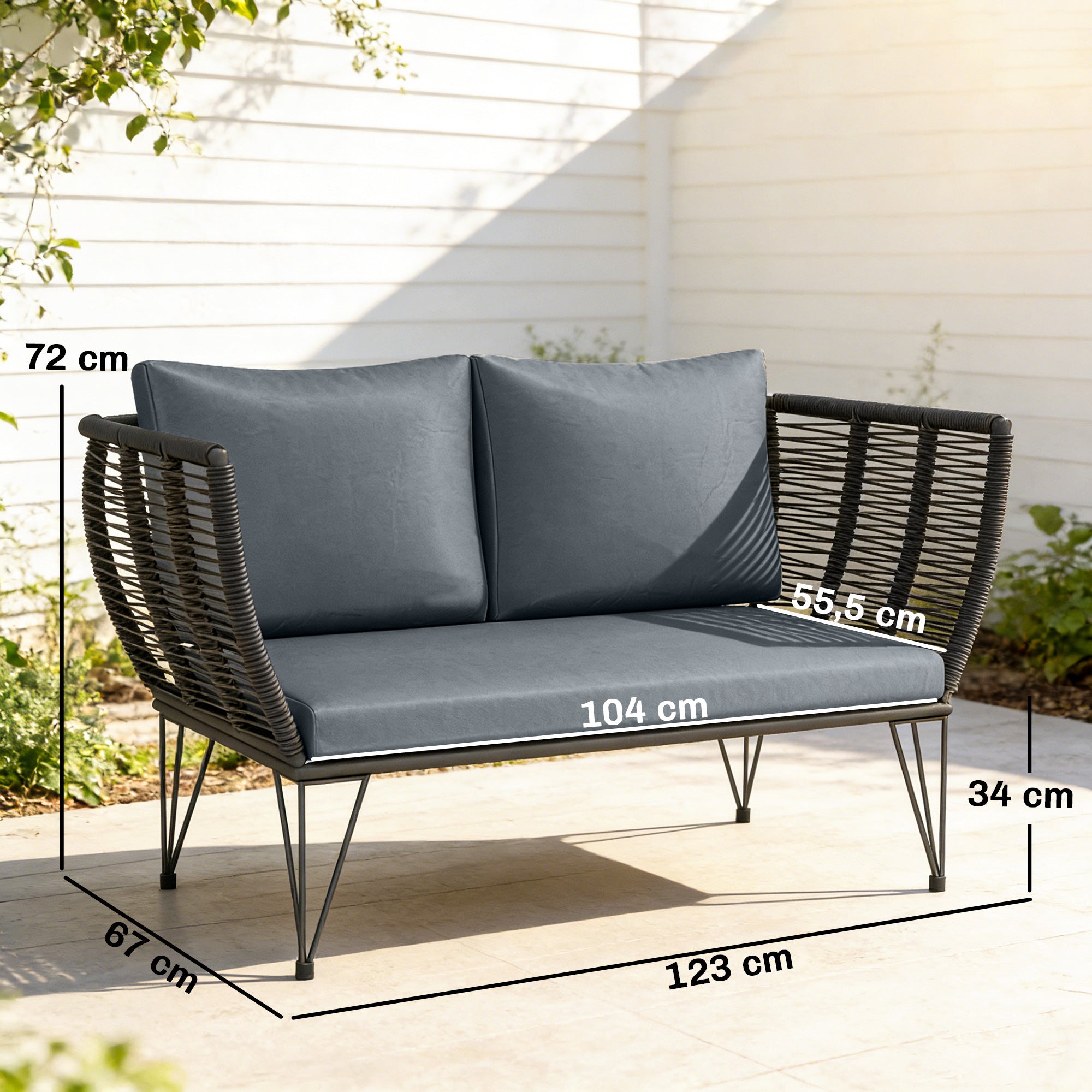 2-Seater Garden Sofa with Cushions – Outdoor/Balcony Rattan Sofa, 123 x 67 x 72 cm, Light Gray