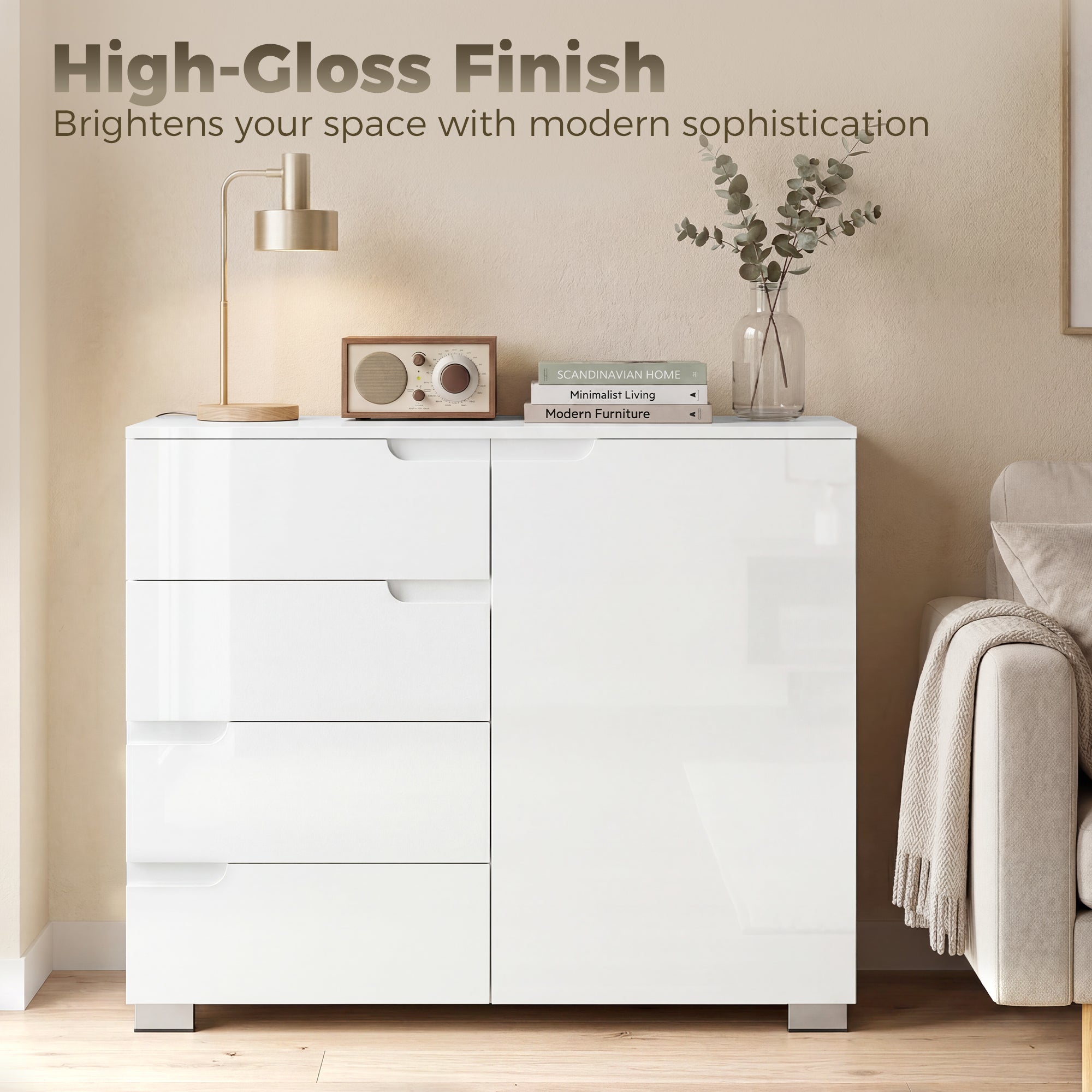 High-Gloss Sideboard — Modern Buffet Cabinet with 4 Drawers & Adjustable Shelf, Soft-Close, White