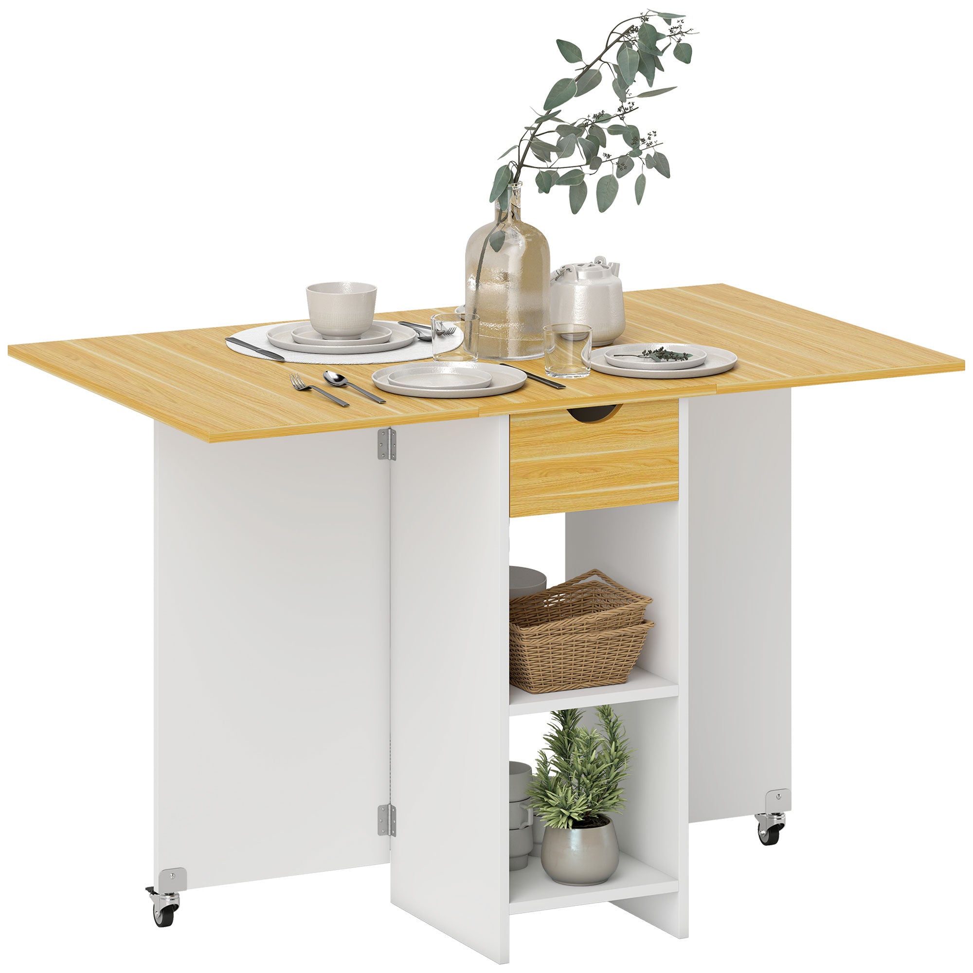 Folding Dining Table, Drop Leaf Table for 2-4 People, Modern Space-Saving Kitchen Table with Drawer, 2 Shelves, and 2 Wheels, in Wood, 114.5x70x75 cm, Oak