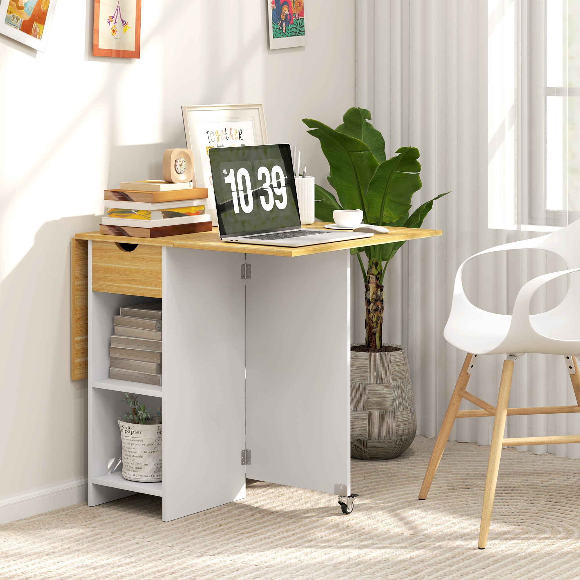 Folding Dining Table, Drop Leaf Table for 2-4 People, Modern Space-Saving Kitchen Table with Drawer, 2 Shelves, and 2 Wheels, in Wood, 114.5x70x75 cm, Oak