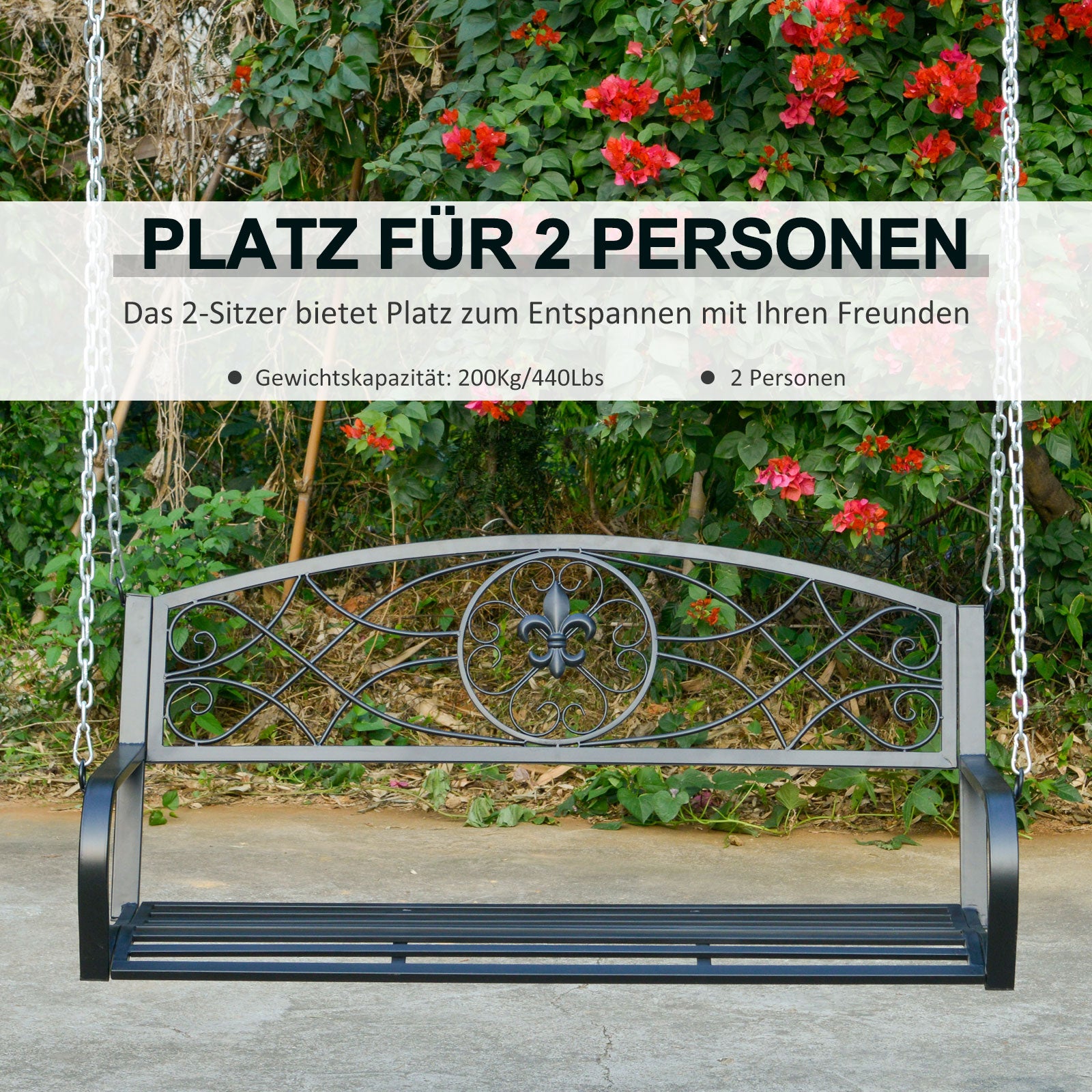 Hanging Bench 2-Seater Garden Swing Swing Bench Hollywood Swing Suspension Bench with Chains Metal Black 132 x 63 x 58 cm