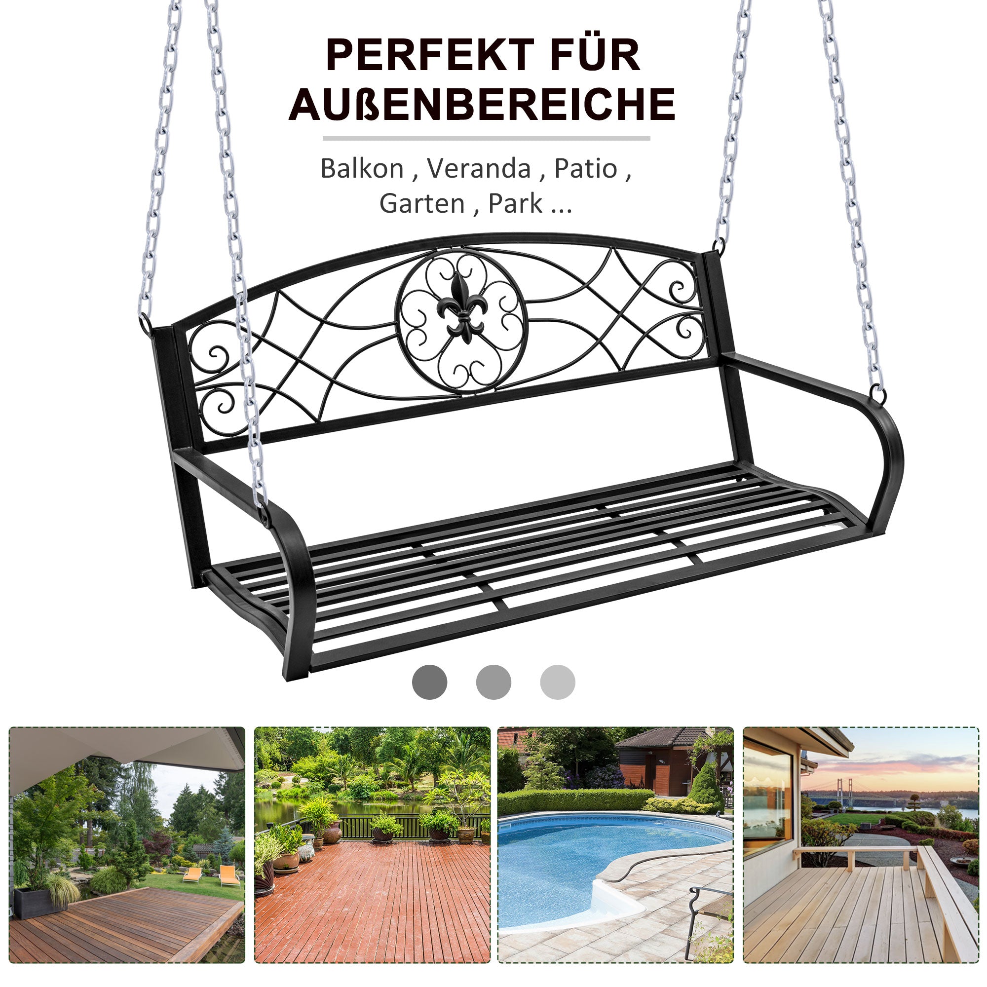 Hanging Bench 2-Seater Garden Swing Swing Bench Hollywood Swing Suspension Bench with Chains Metal Black 132 x 63 x 58 cm