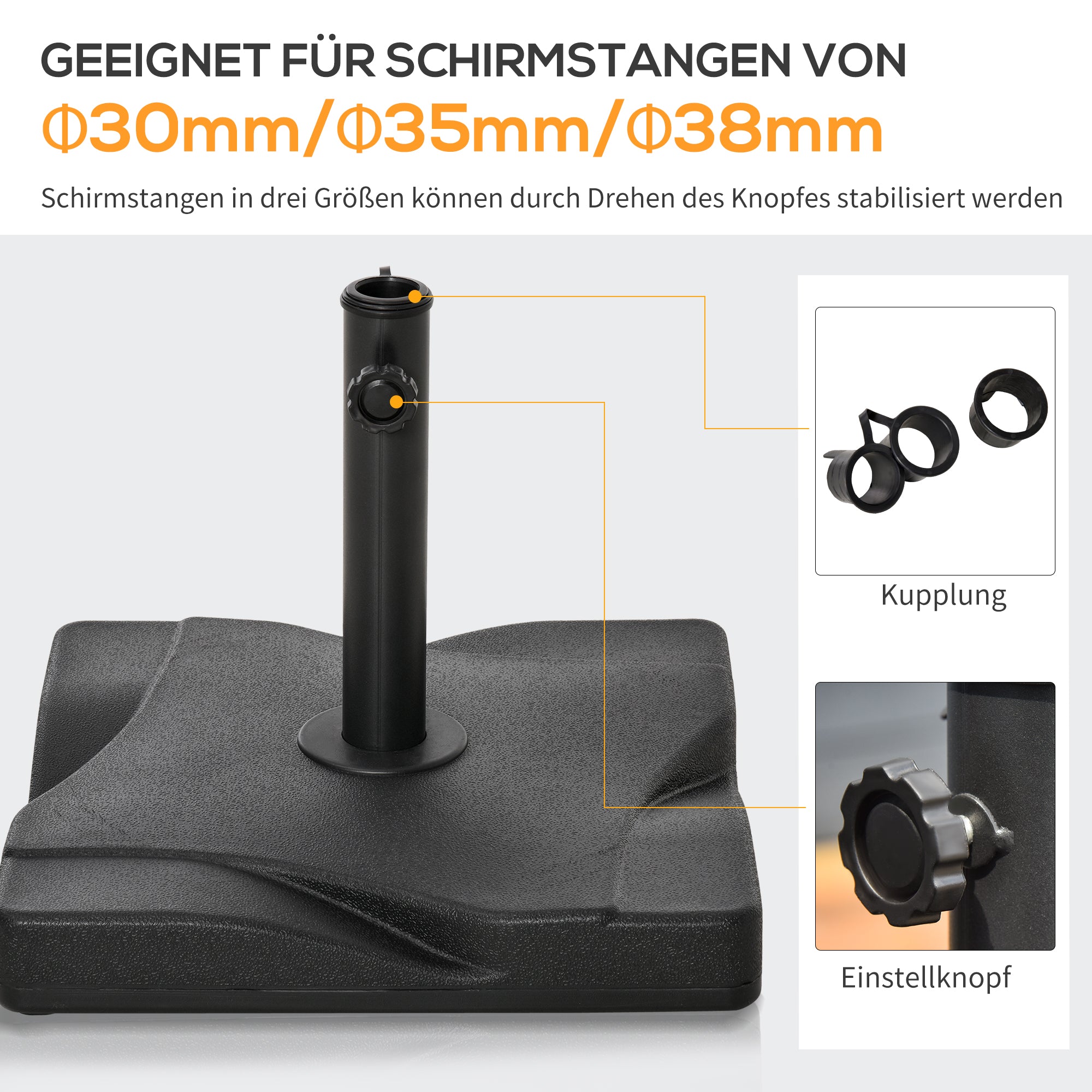 Umbrella Stand 20 kg Umbrella Stand for Umbrella Pole 32/38/48 mm Umbrella Base for Garden Terrace Balcony Cement 41.5 x 41.5 Black