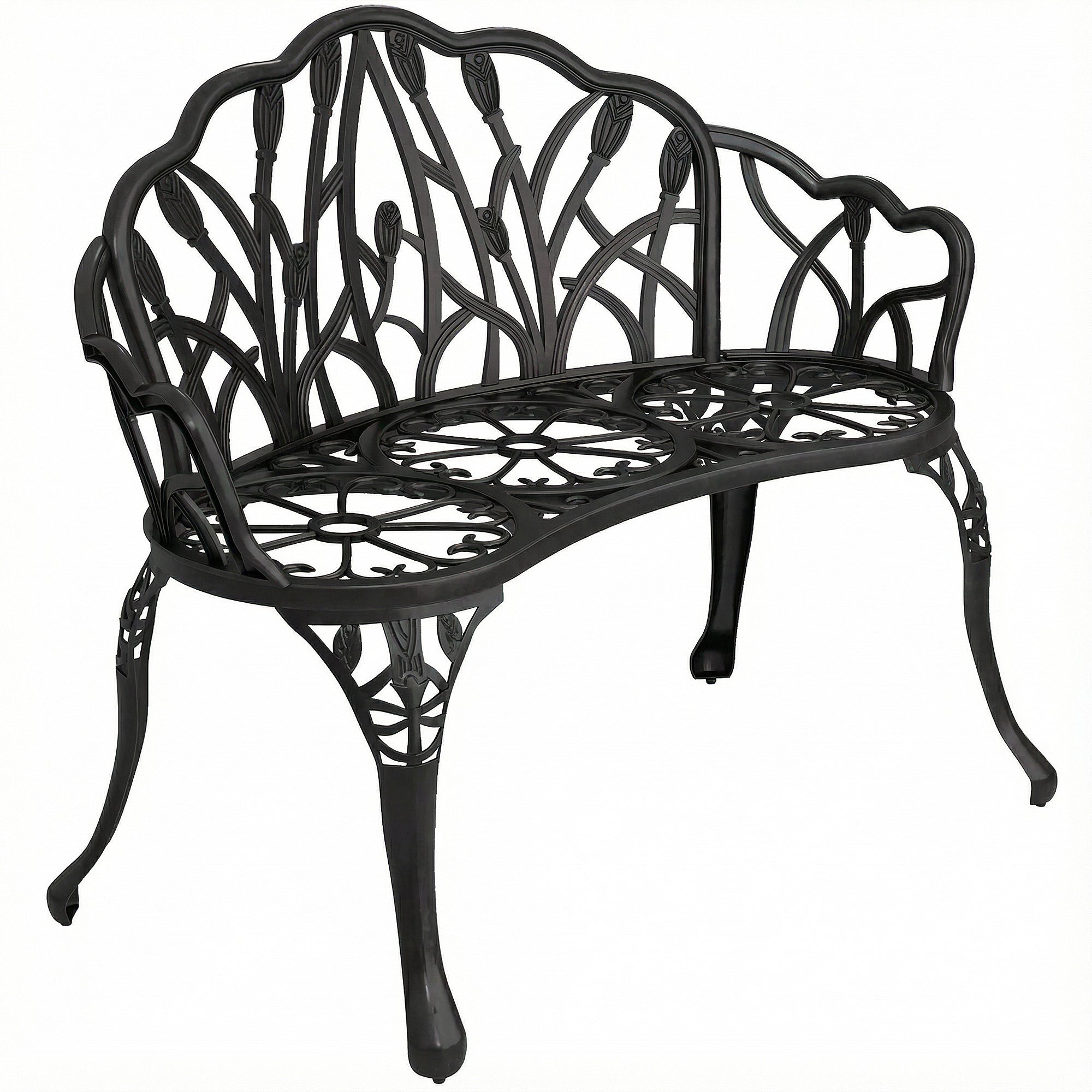 2-Seater Cast Aluminum Weatherproof Outdoor Bench with Tulip Back & Floral Motif, Perforated Balcony Bench up to 240 kg (529 lb) – 99 x 57 x 78 cm (39 x 22.4 x 30.7 in)
