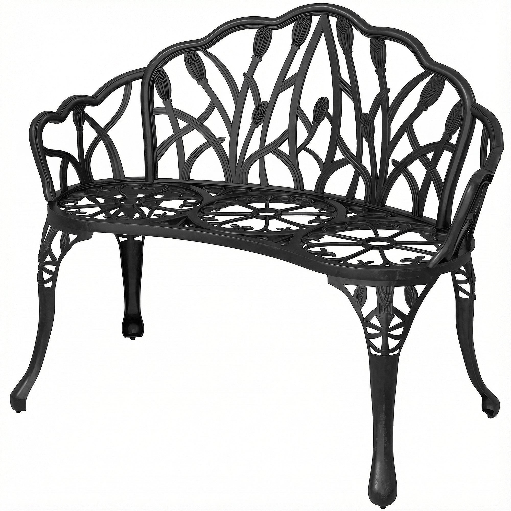 2-Seater Cast Aluminum Weatherproof Outdoor Bench with Tulip Back & Floral Motif, Perforated Balcony Bench up to 240 kg (529 lb) – 99 x 57 x 78 cm (39 x 22.4 x 30.7 in)