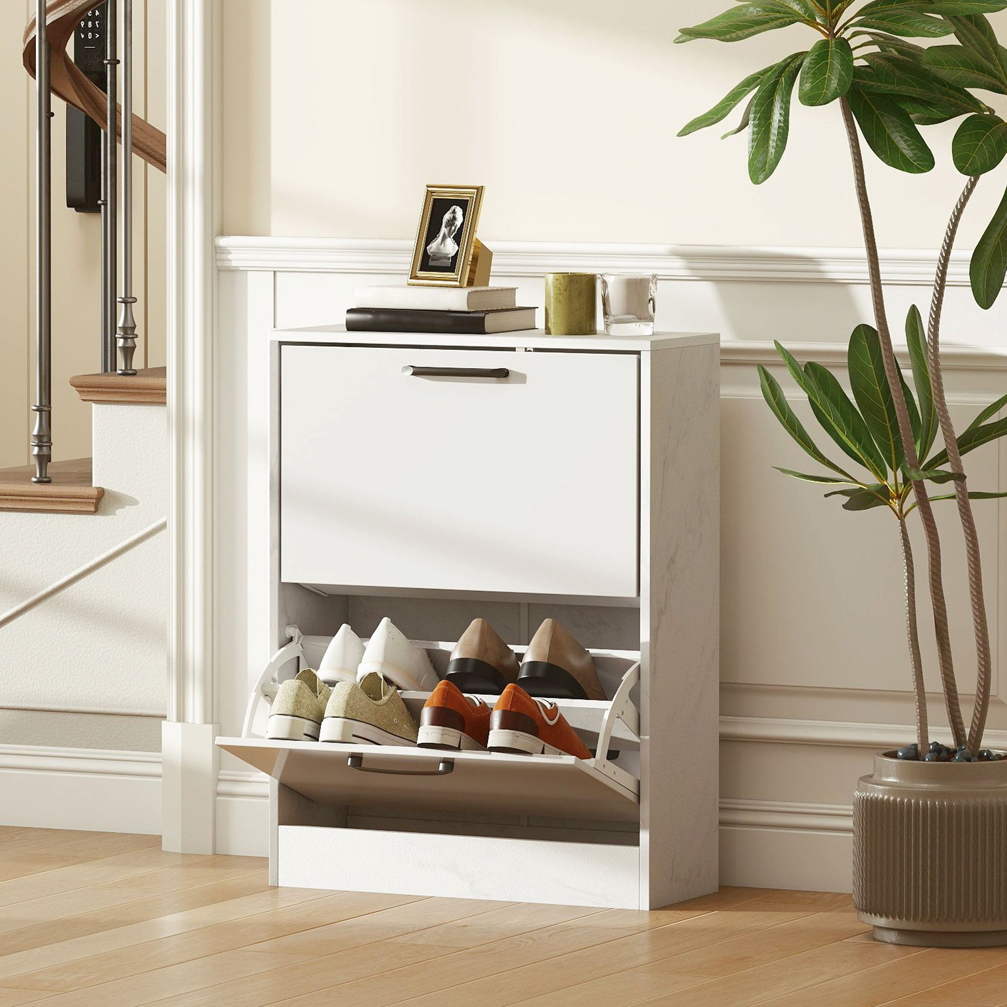 Slim Shoe Cabinet with 2 High-Gloss Flip Doors, Adjustable Shelves, Marble Design, Fits up to 8 Pairs — White (23.6 x 9.4 x 31.5 in)