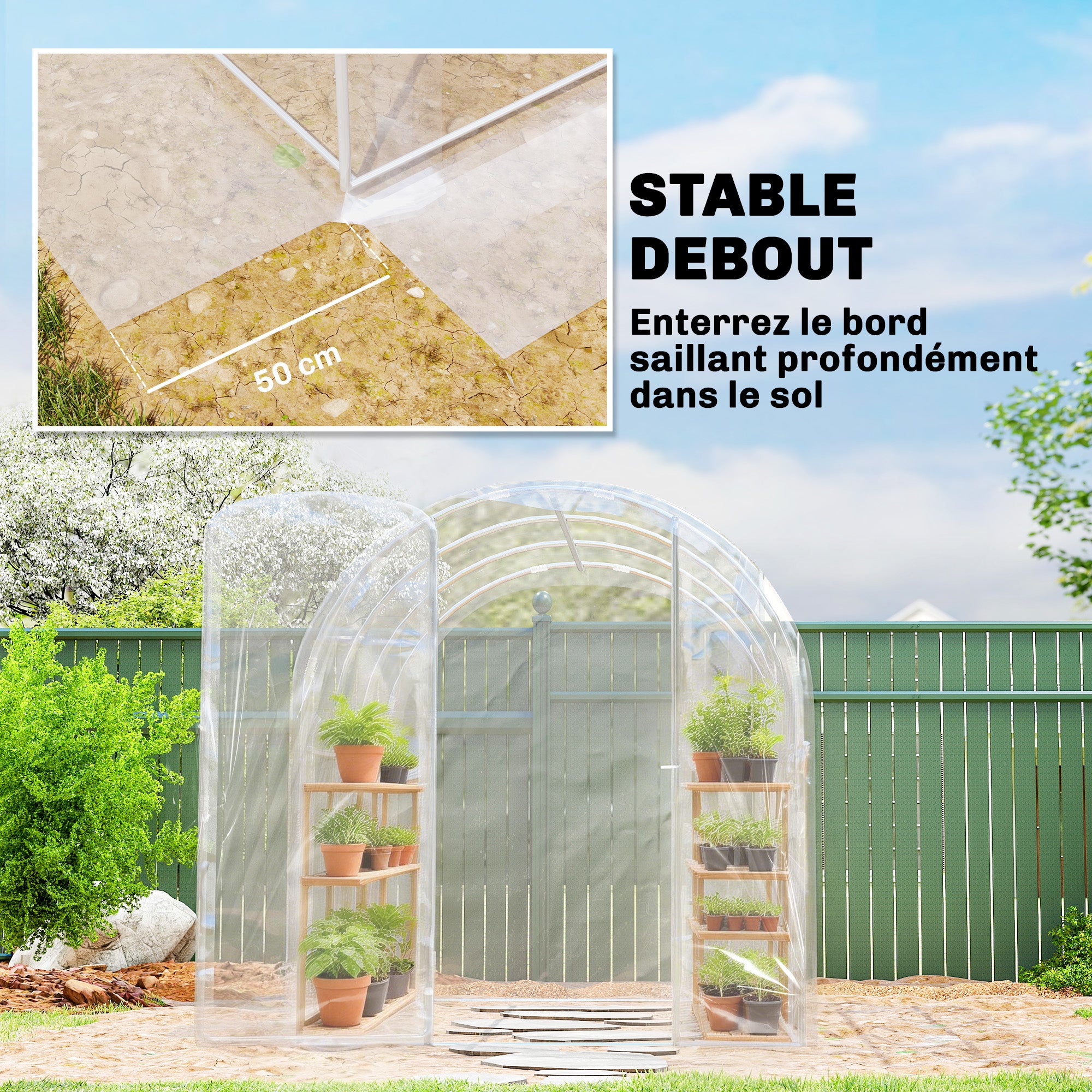 Tunnel Greenhouse 3 x 2 x 1.95 m (9.8 x 6.6 x 6.4 ft), 6 m² (64.6 sq ft), 150 g/m² UV PE Cover with Hinged Door — For Vegetables, Plants & Flowers