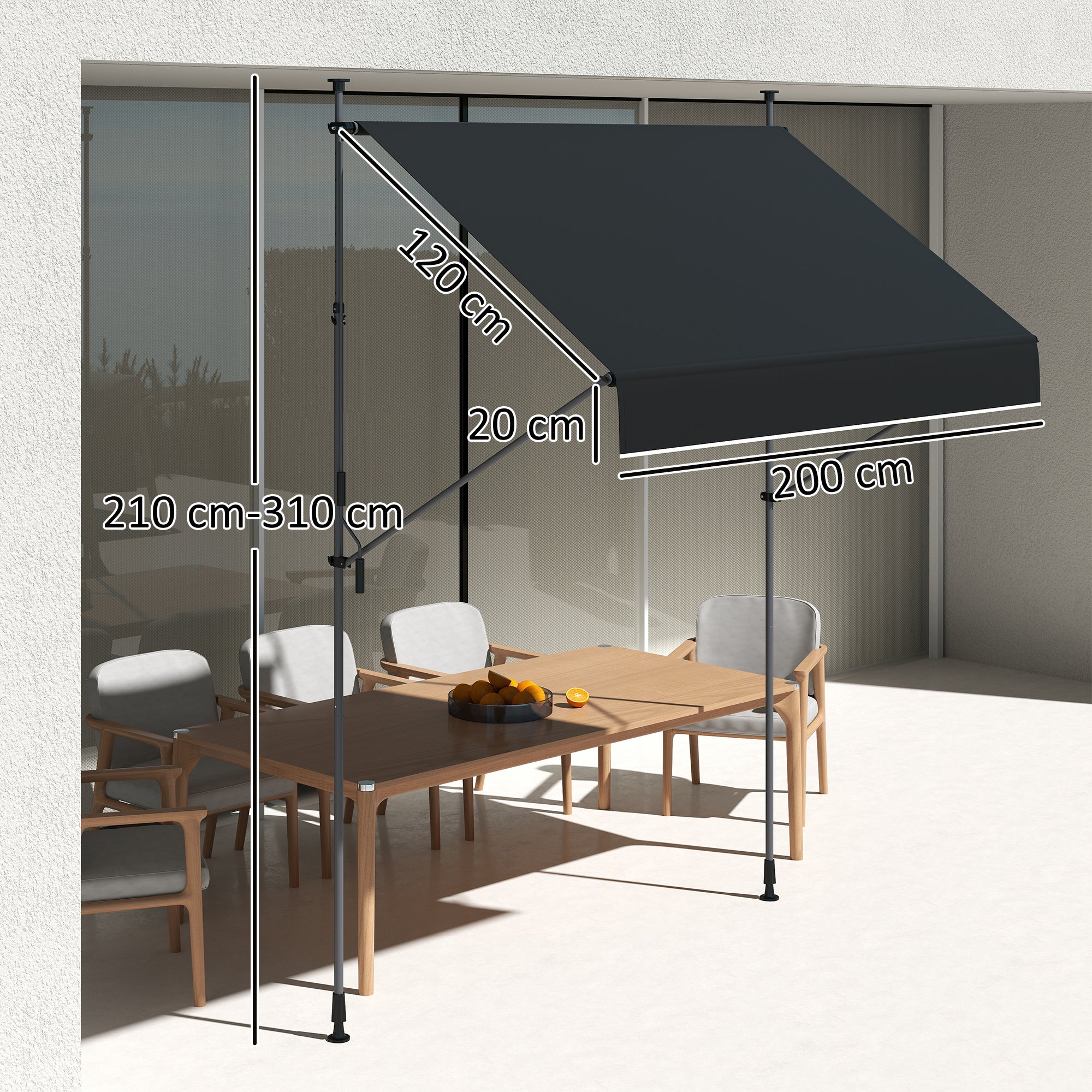 Manual Retractable Awning 2x1.2 m Outdoor Patio Roll-Up Awning Adjustable Height with Crank 210-310 cm UV30+ Protection Drill-Free for Garden Balcony Patio Black