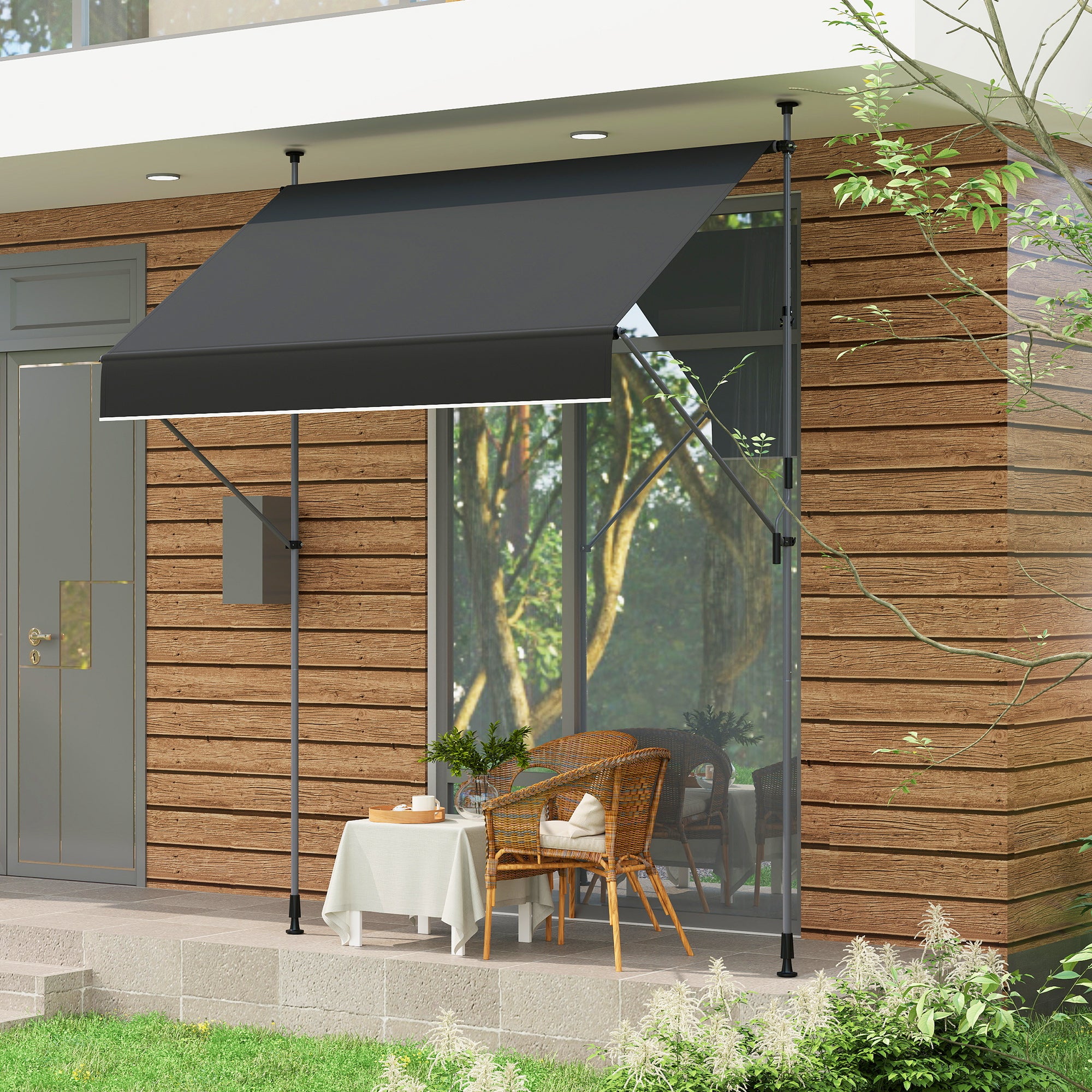 Manual Retractable Awning 2x1.2 m Outdoor Patio Roll-Up Awning Adjustable Height with Crank 210-310 cm UV30+ Protection Drill-Free for Garden Balcony Patio Black